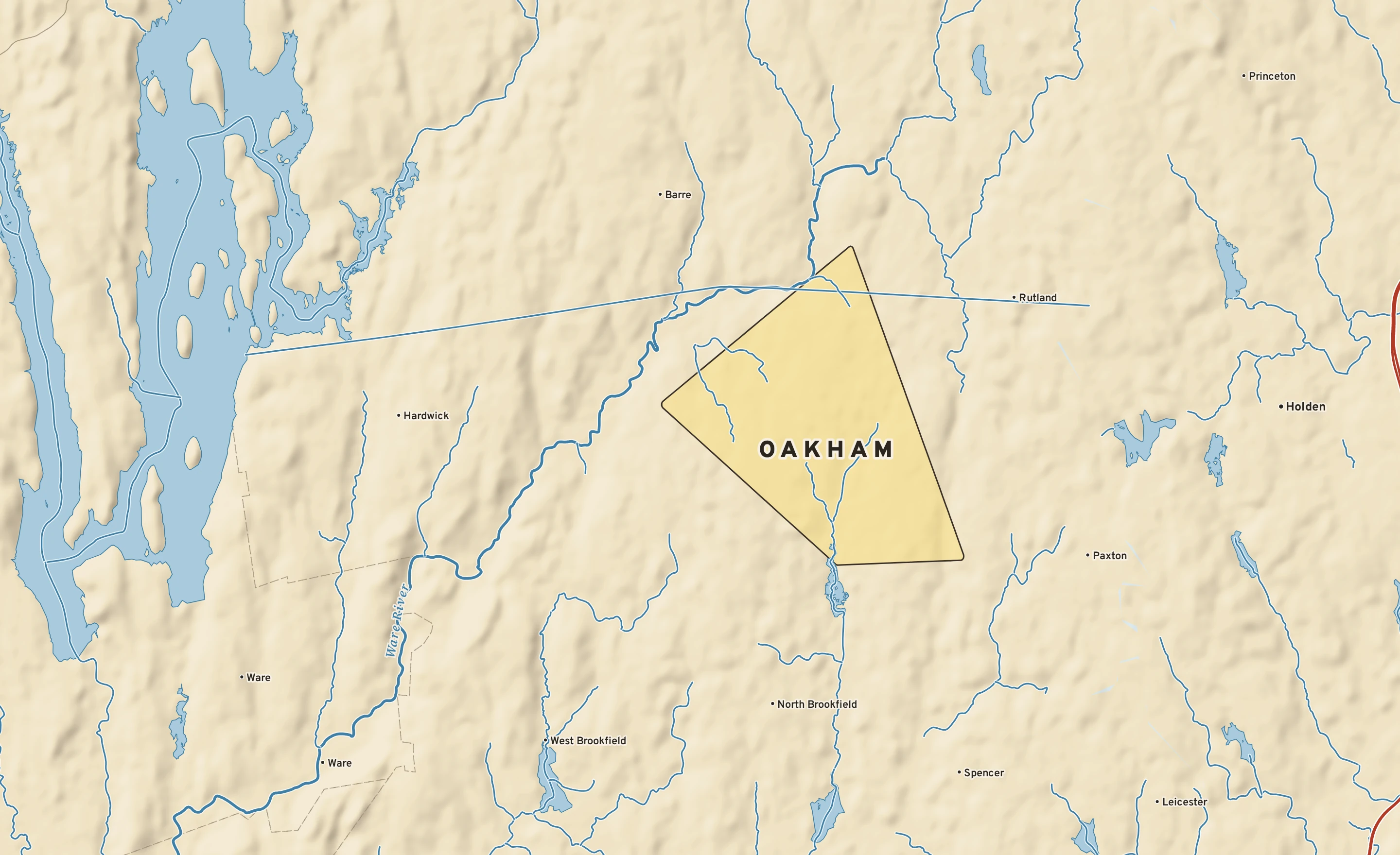 Shaded-relief atlas plate of Oakham, Massachusetts: rivers, roads, the city limits and where the water drains.