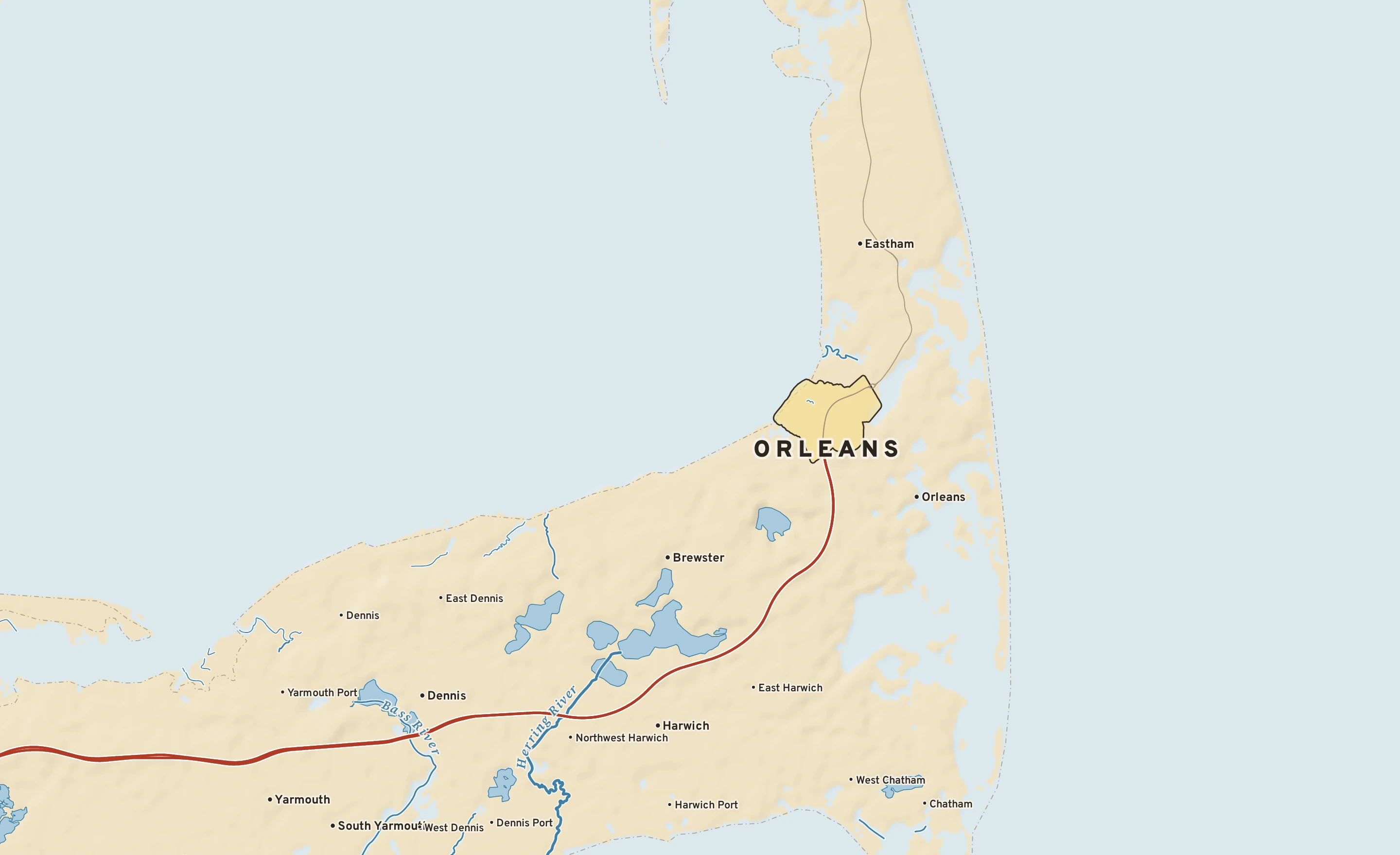 Shaded-relief atlas plate of Orleans, Massachusetts: rivers, roads, the city limits and where the water drains.