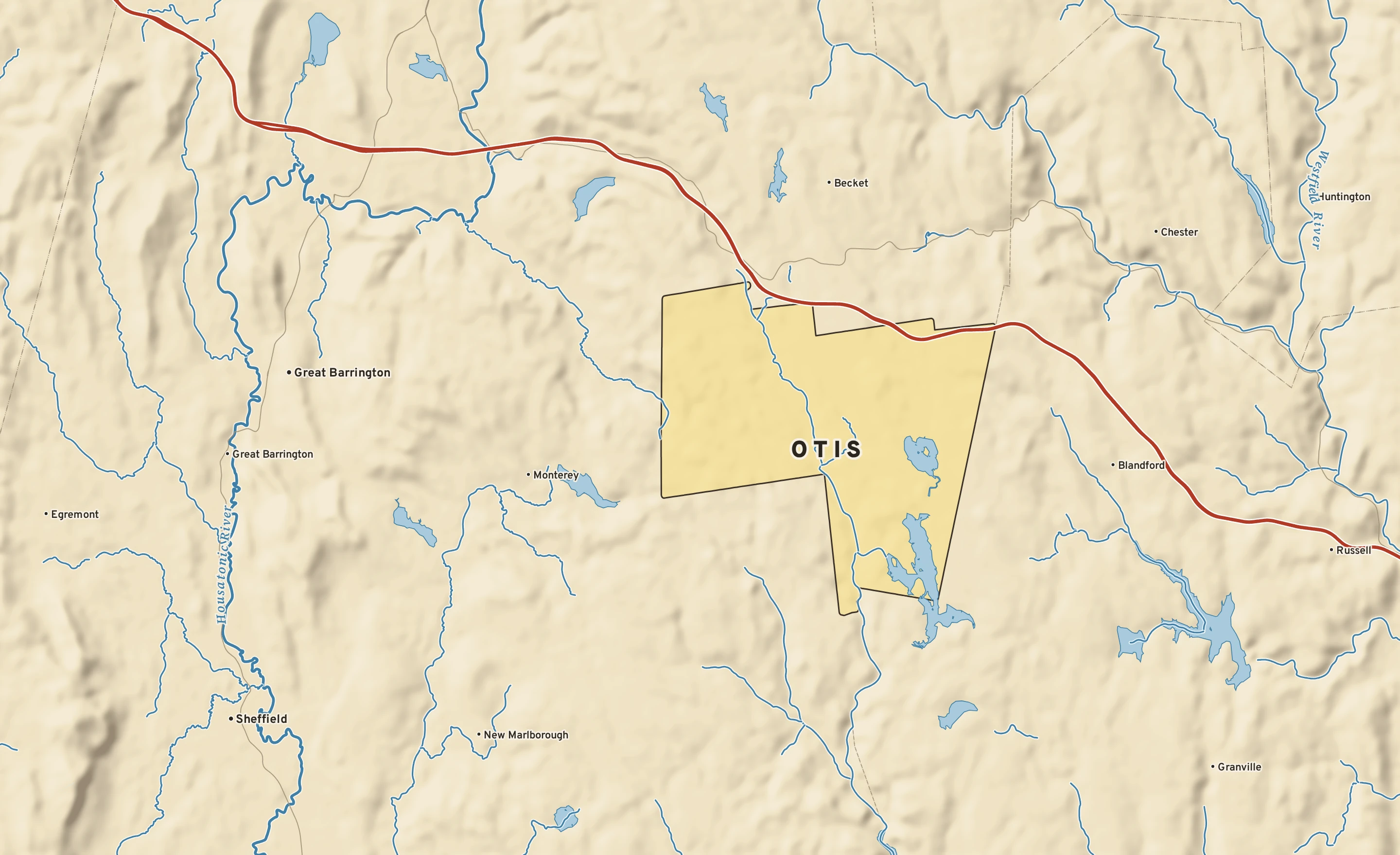 Shaded-relief atlas plate of Otis, Massachusetts: rivers, roads, the city limits and where the water drains.