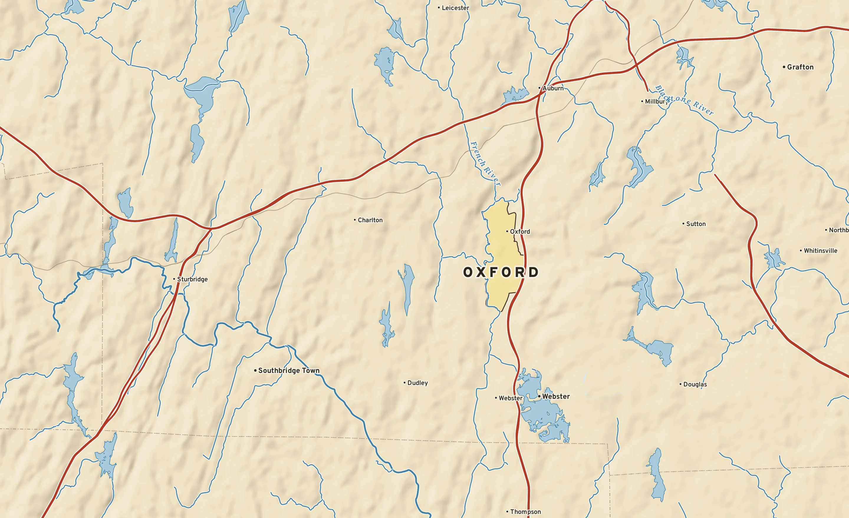 Shaded-relief atlas plate of Oxford, Massachusetts: rivers, roads, the city limits and where the water drains.