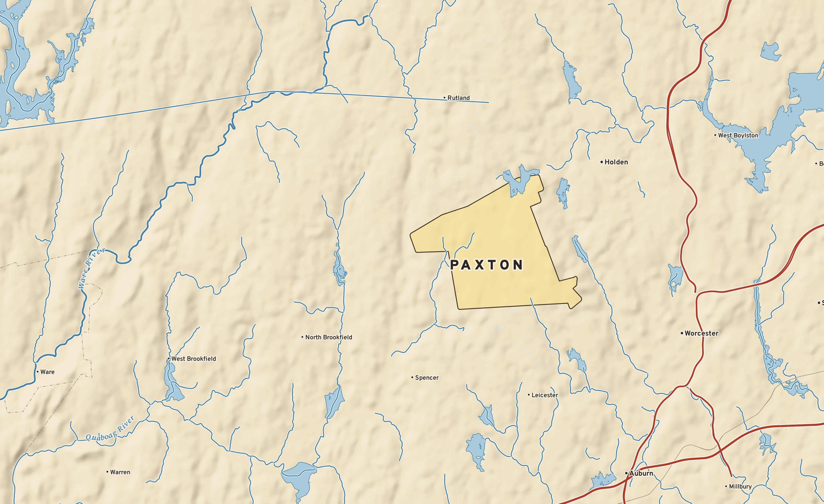 Shaded-relief atlas plate of Paxton, Massachusetts: rivers, roads, the city limits and where the water drains.