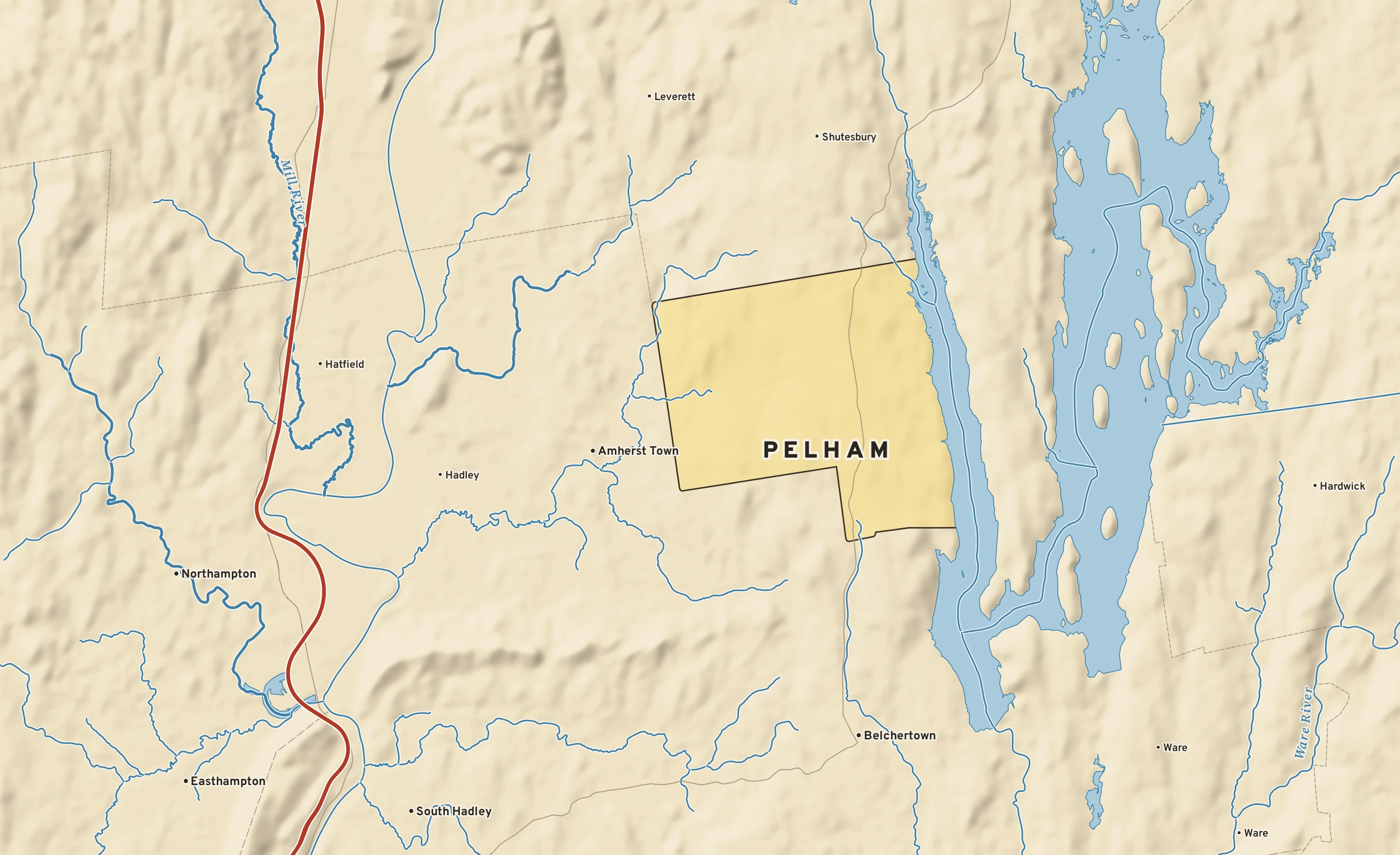 Shaded-relief atlas plate of Pelham, Massachusetts: rivers, roads, the city limits and where the water drains.