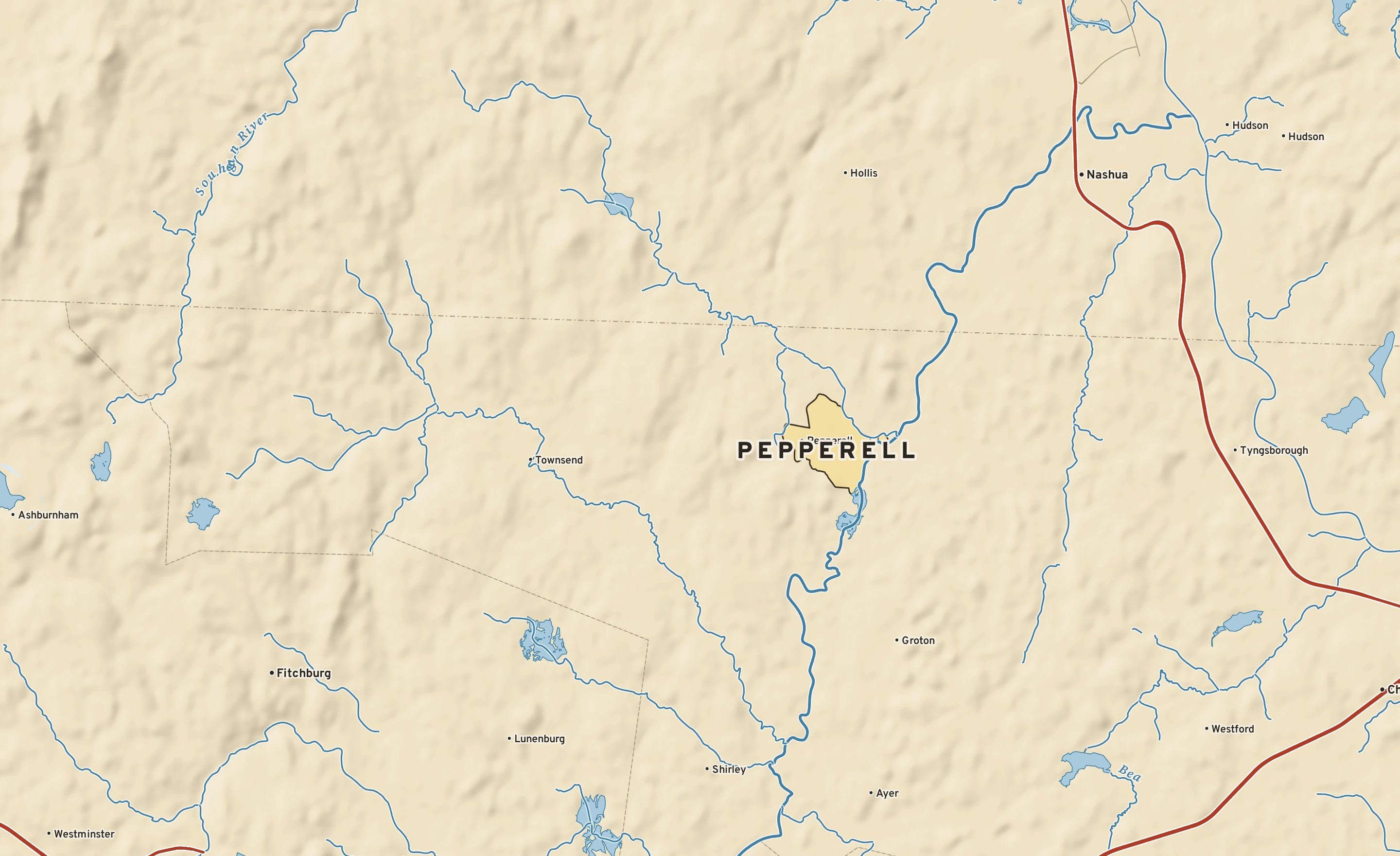 Shaded-relief atlas plate of Pepperell, Massachusetts: rivers, roads, the city limits and where the water drains.