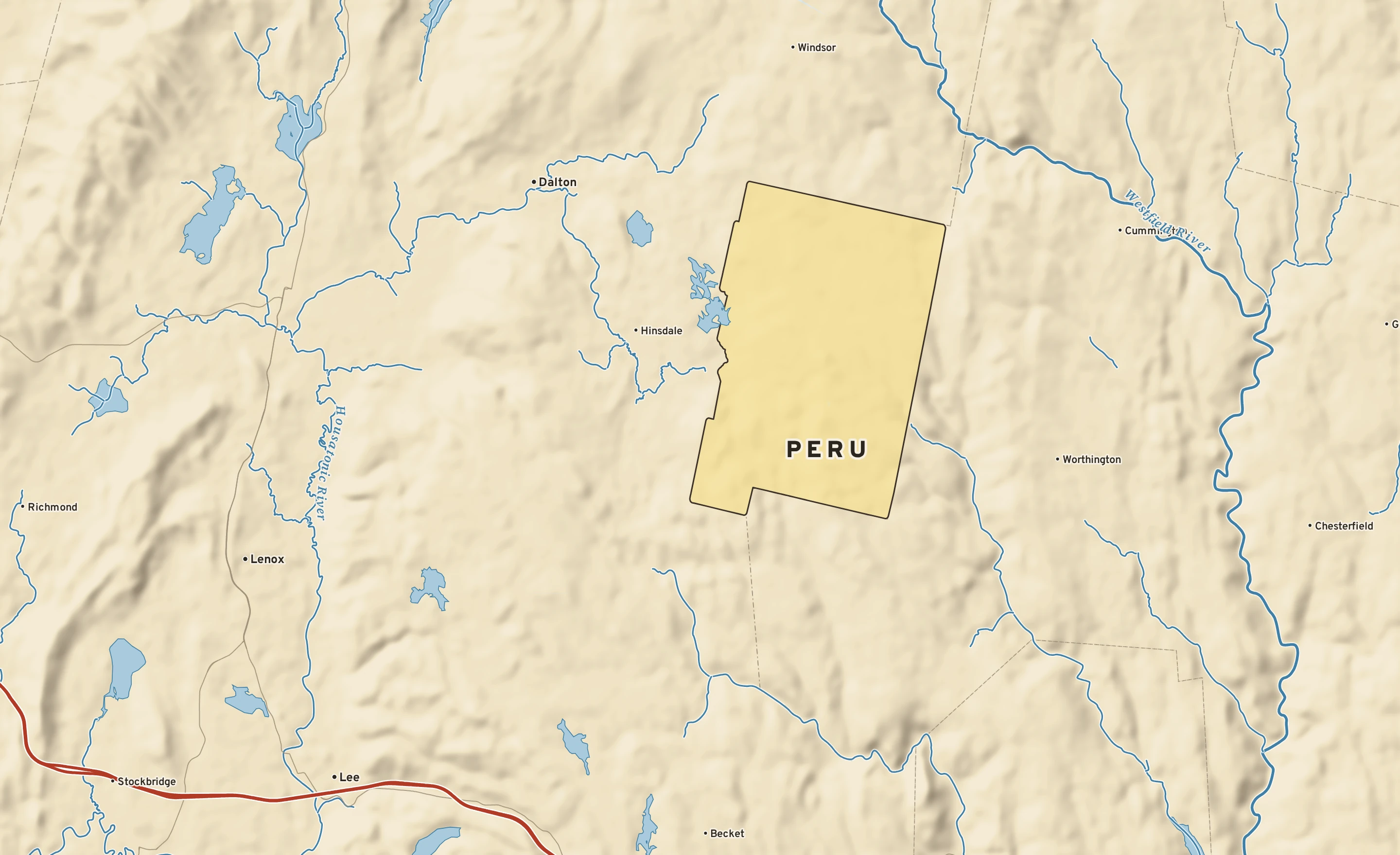 Shaded-relief atlas plate of Peru, Massachusetts: rivers, roads, the city limits and where the water drains.
