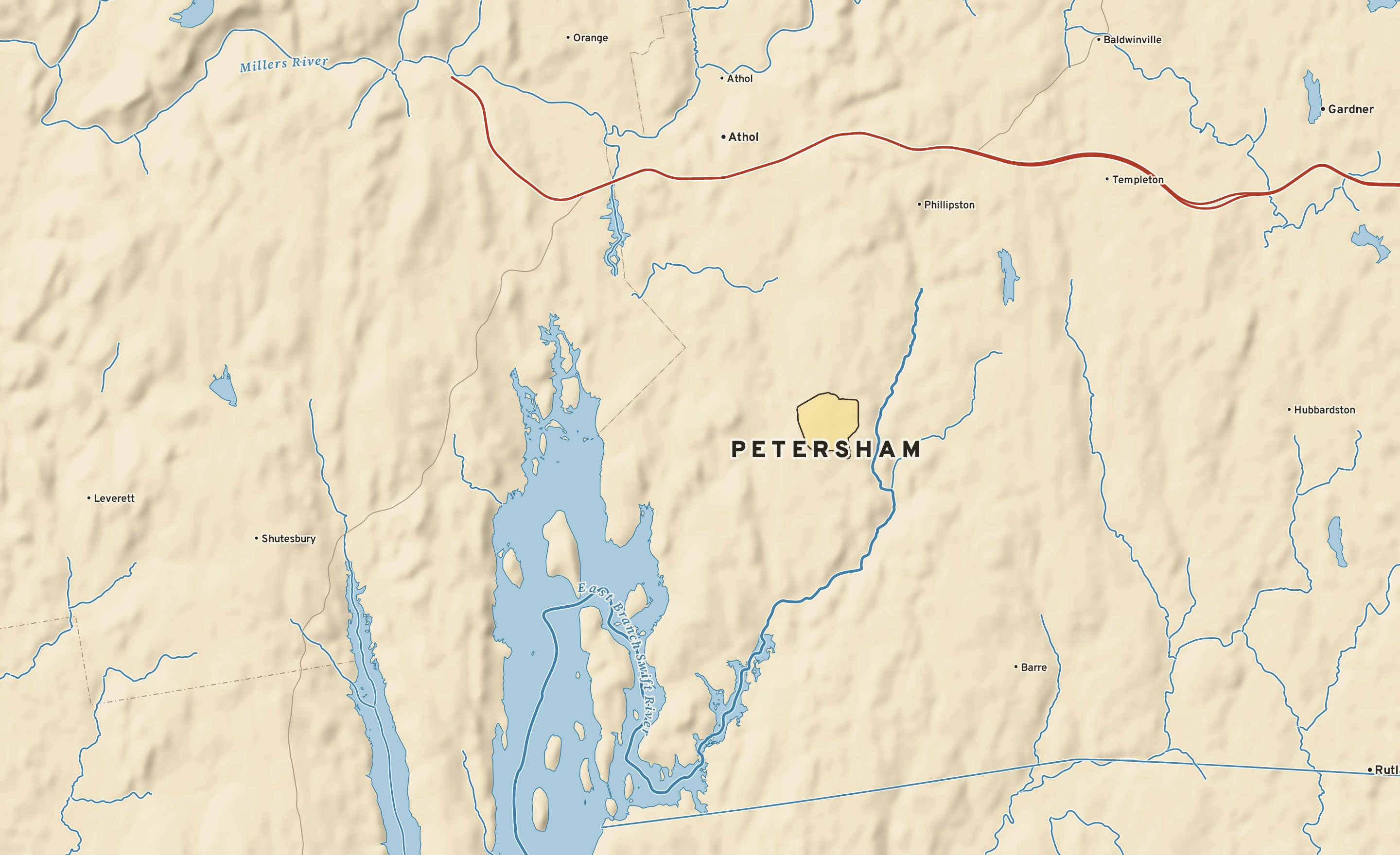 Shaded-relief atlas plate of Petersham, Massachusetts: rivers, roads, the city limits and where the water drains.