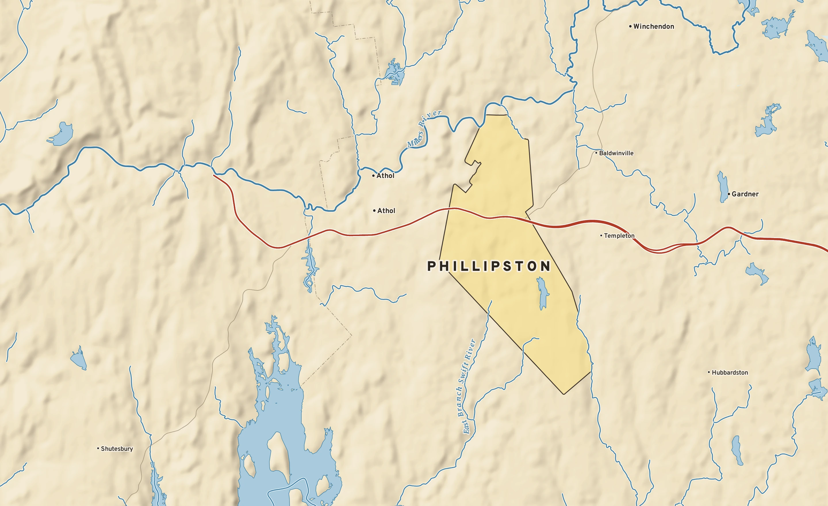 Shaded-relief atlas plate of Phillipston, Massachusetts: rivers, roads, the city limits and where the water drains.