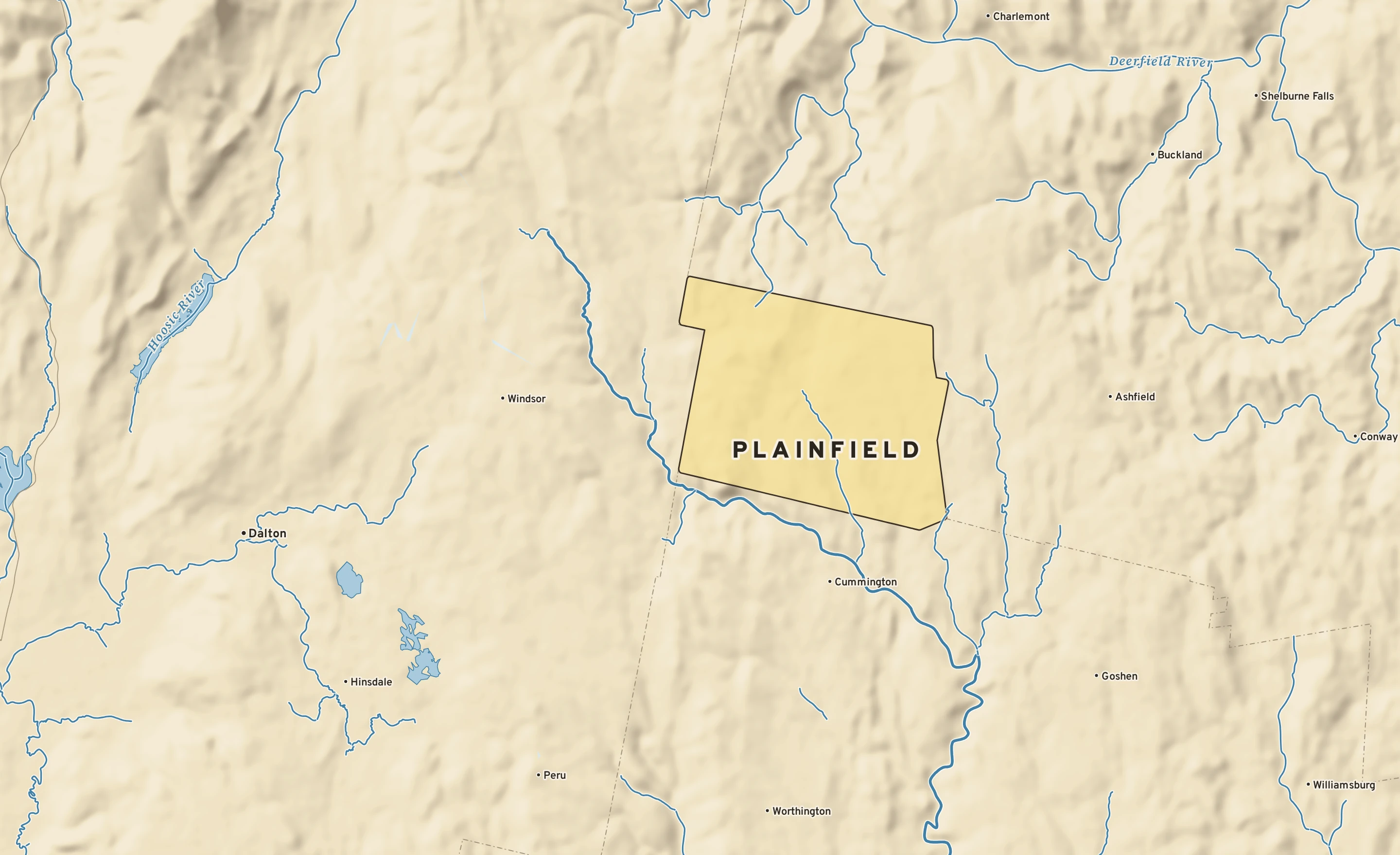 Shaded-relief atlas plate of Plainfield, Massachusetts: rivers, roads, the city limits and where the water drains.
