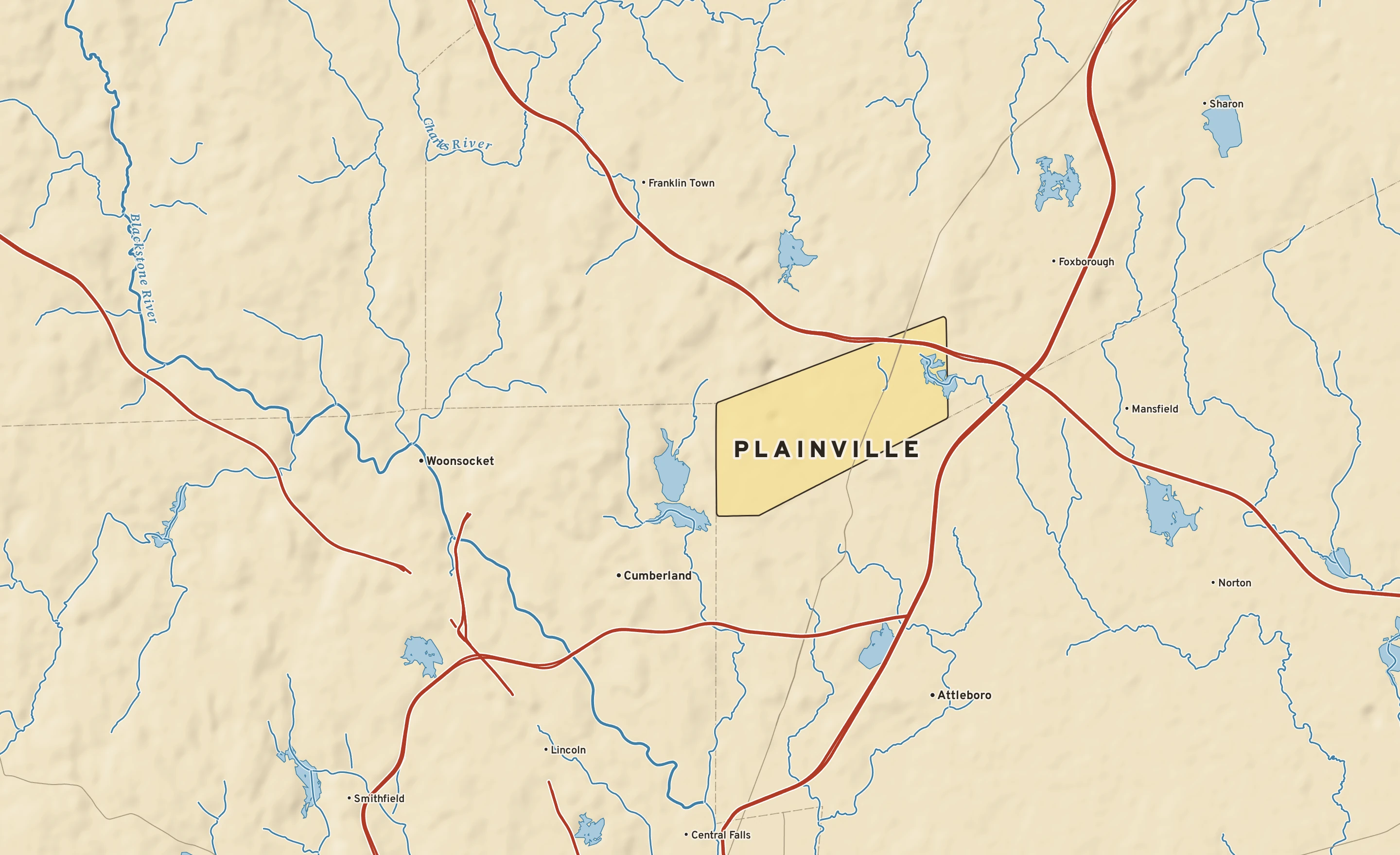 Shaded-relief atlas plate of Plainville, Massachusetts: rivers, roads, the city limits and where the water drains.
