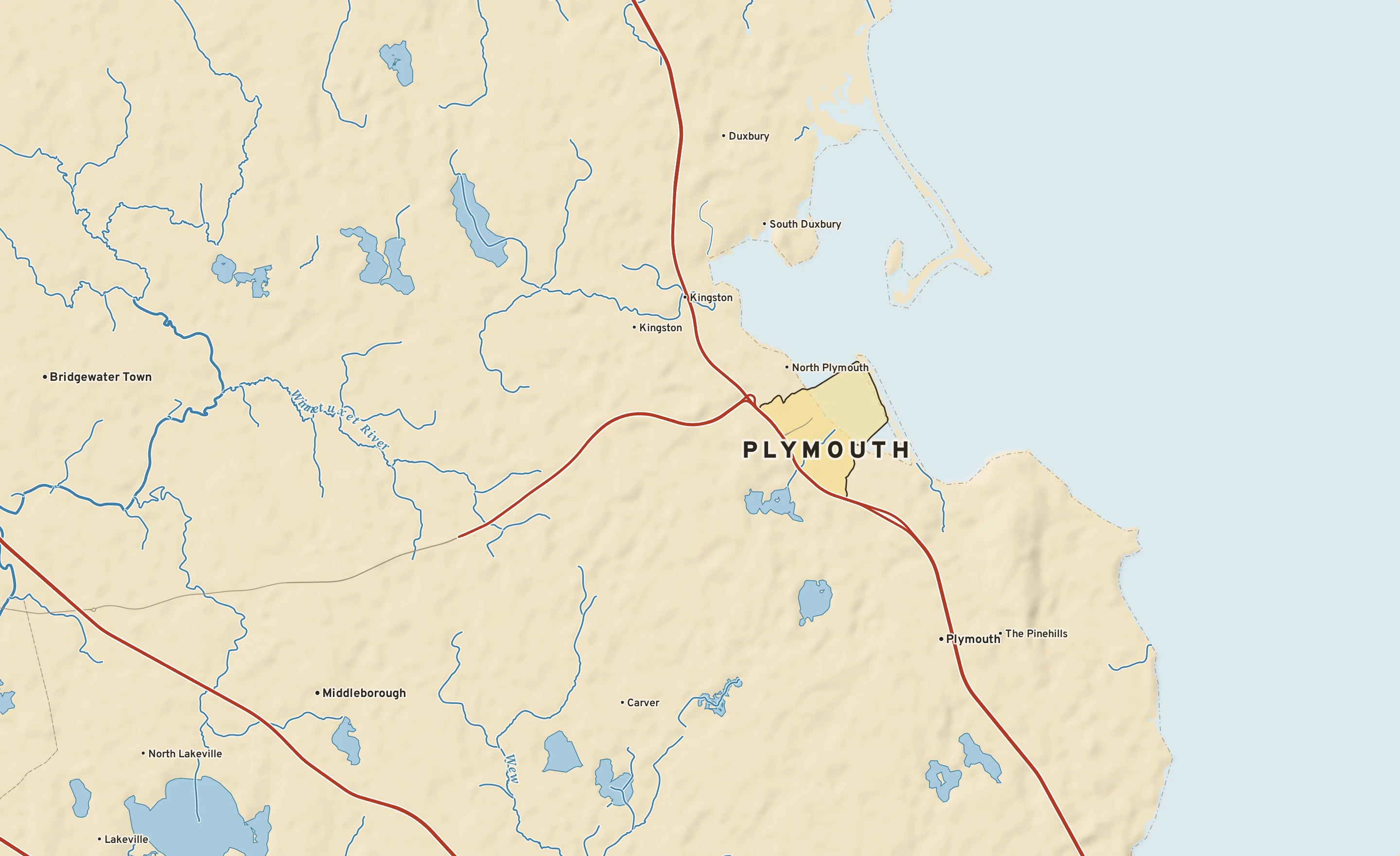 Shaded-relief atlas plate of Plymouth, Massachusetts: rivers, roads, the city limits and where the water drains.