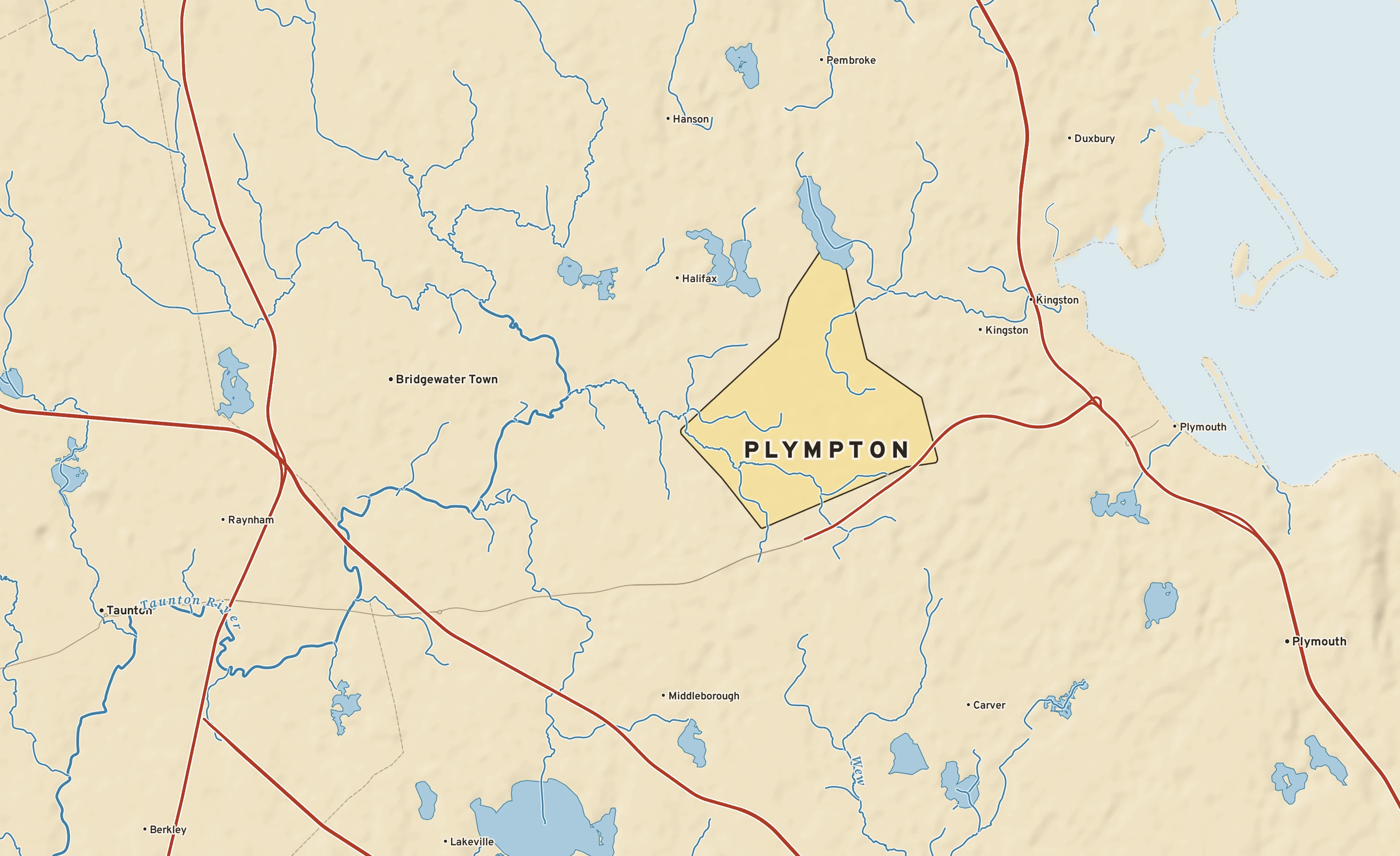 Shaded-relief atlas plate of Plympton, Massachusetts: rivers, roads, the city limits and where the water drains.