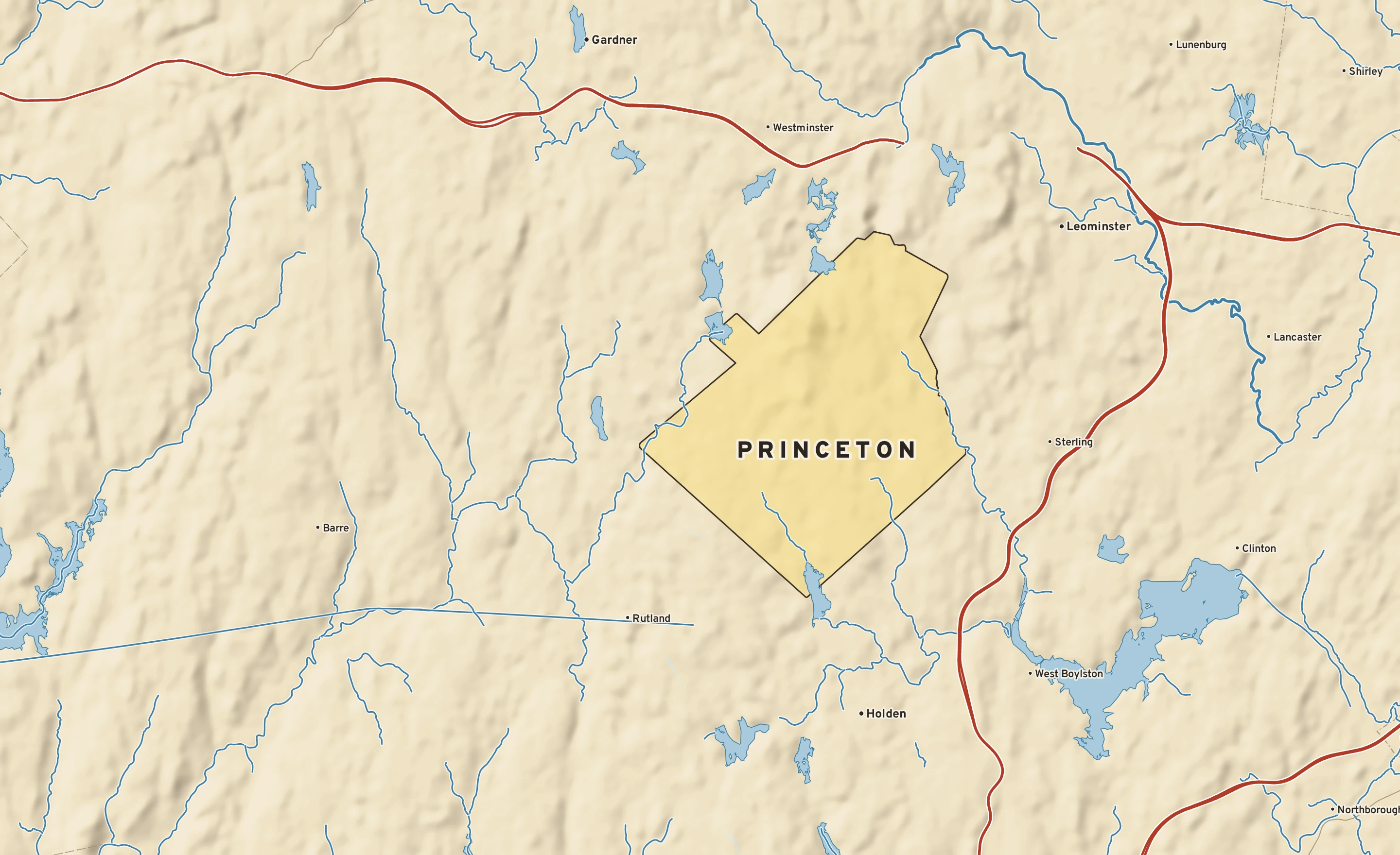 Shaded-relief atlas plate of Princeton, Massachusetts: rivers, roads, the city limits and where the water drains.