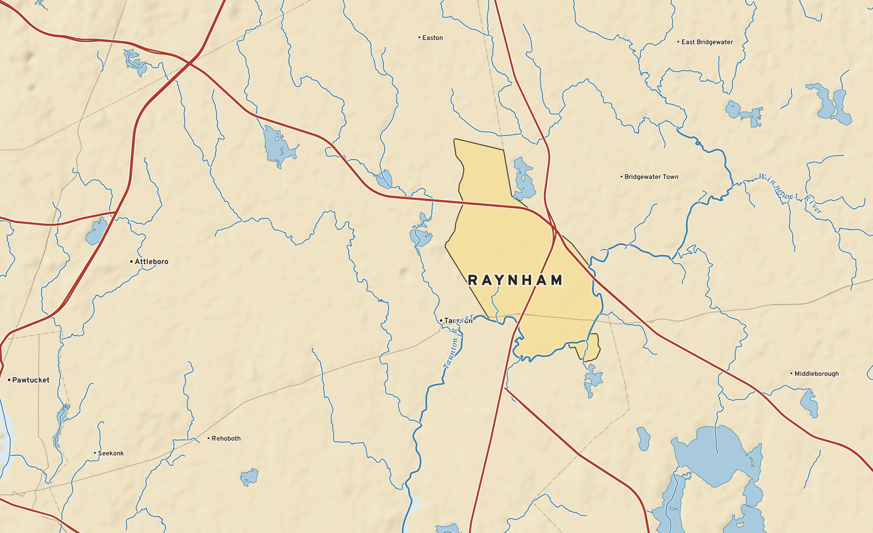 Shaded-relief atlas plate of Raynham, Massachusetts: rivers, roads, the city limits and where the water drains.
