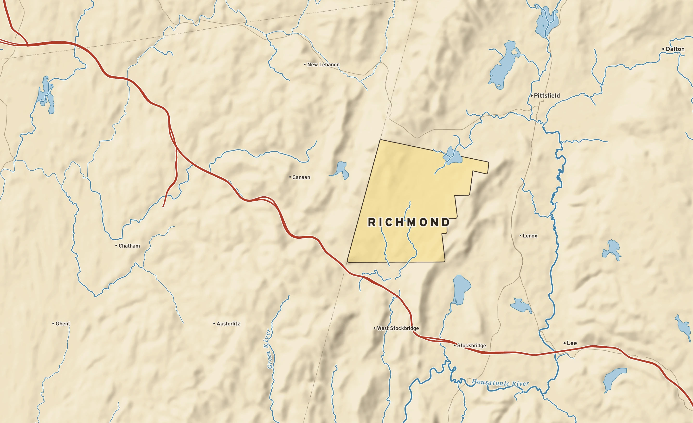 Shaded-relief atlas plate of Richmond, Massachusetts: rivers, roads, the city limits and where the water drains.