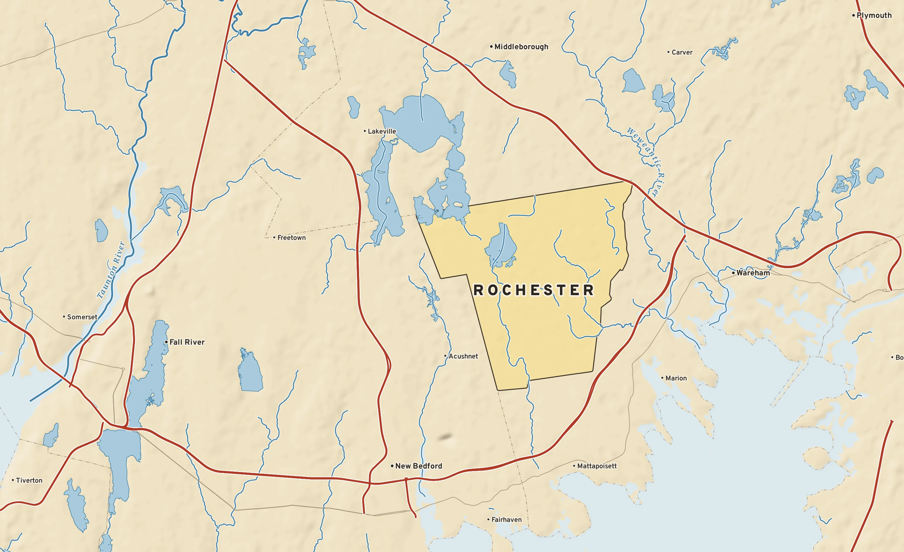 Shaded-relief atlas plate of Rochester, Massachusetts: rivers, roads, the city limits and where the water drains.