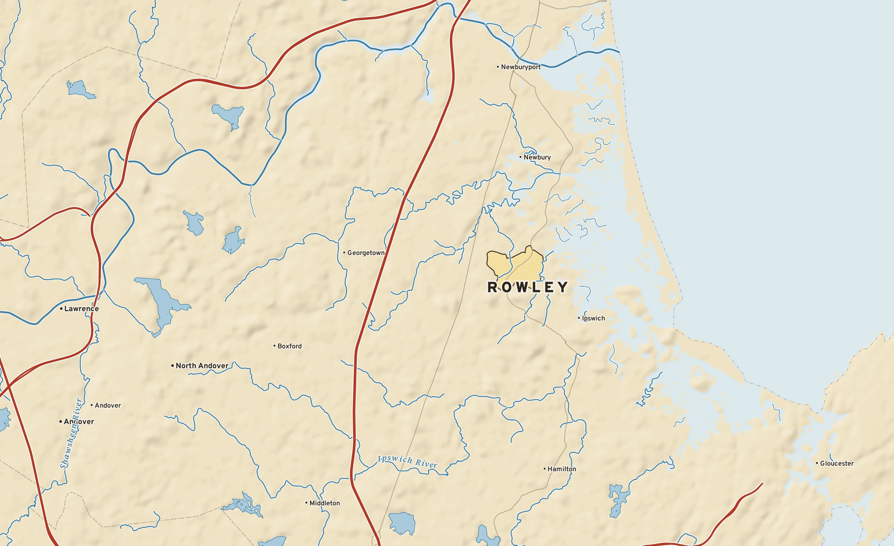 Shaded-relief atlas plate of Rowley, Massachusetts: rivers, roads, the city limits and where the water drains.