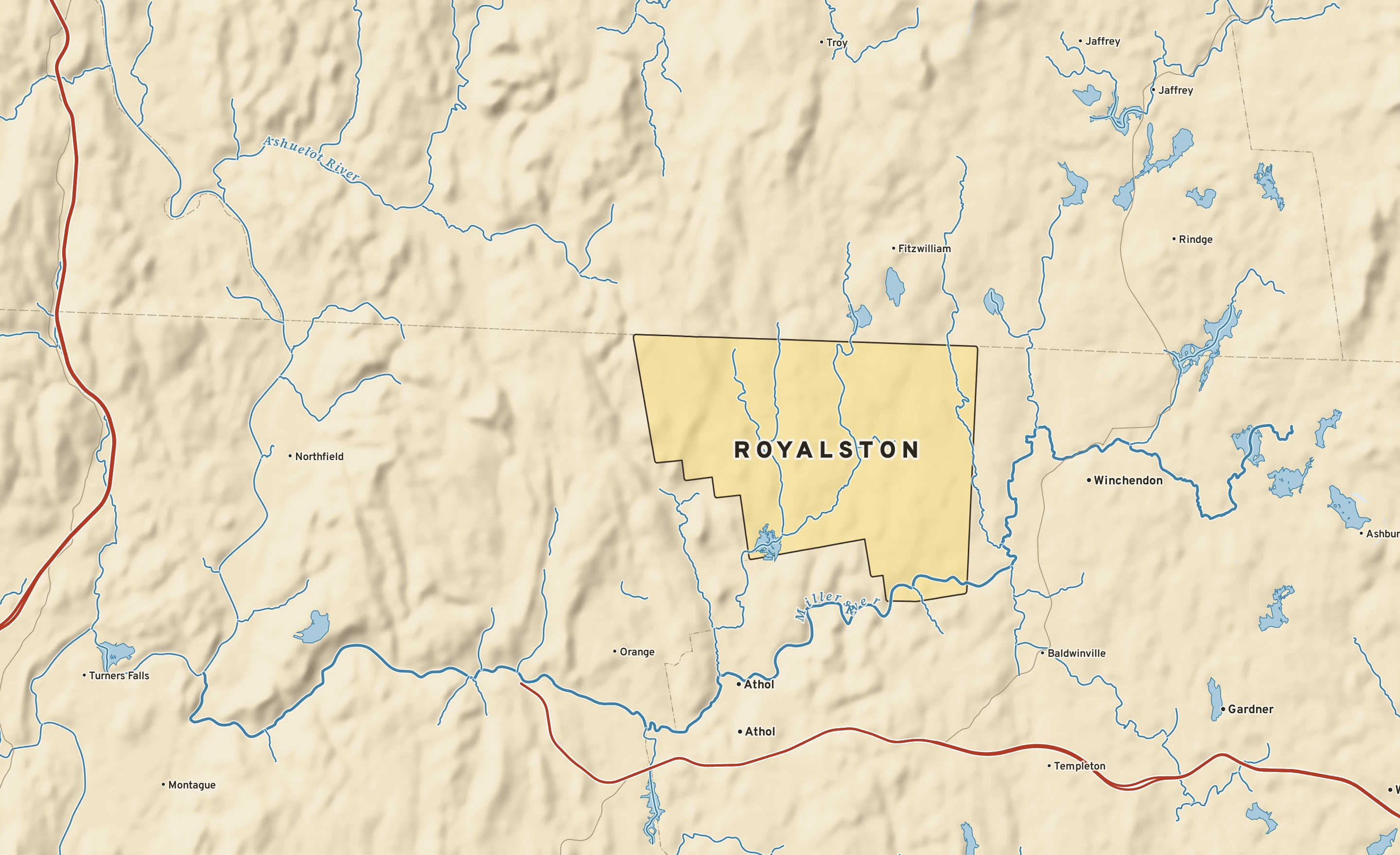 Shaded-relief atlas plate of Royalston, Massachusetts: rivers, roads, the city limits and where the water drains.