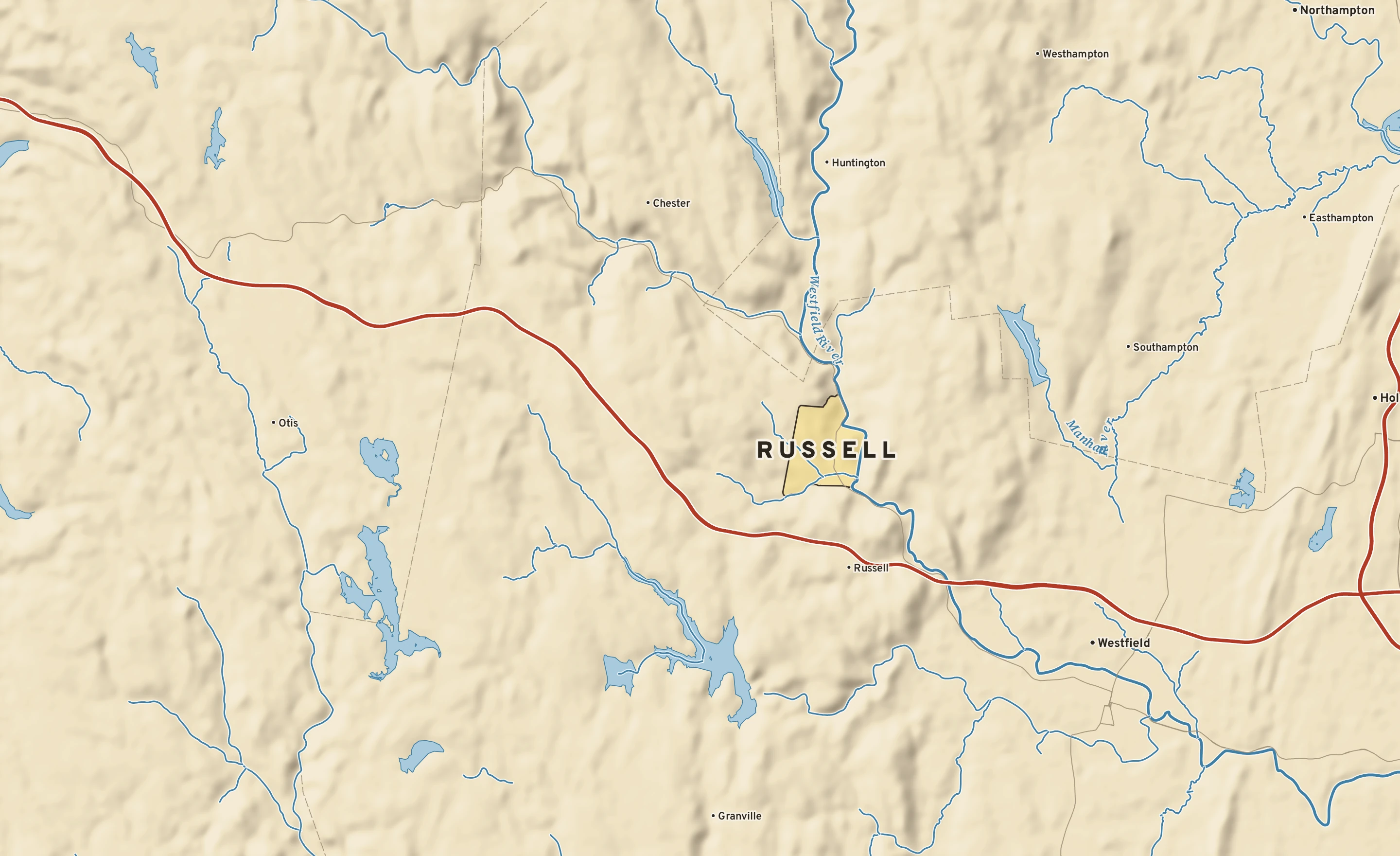 Shaded-relief atlas plate of Russell, Massachusetts: rivers, roads, the city limits and where the water drains.