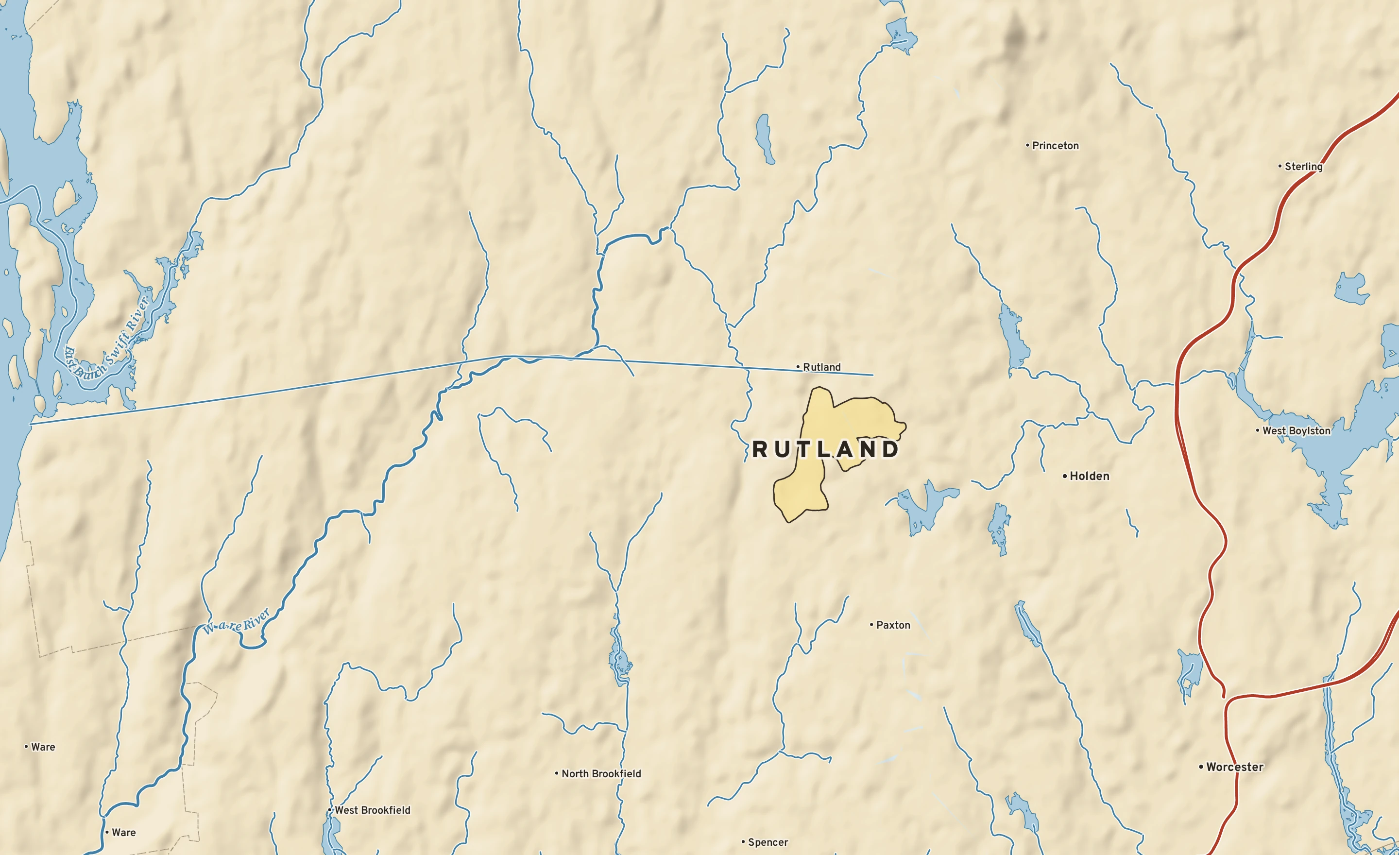 Shaded-relief atlas plate of Rutland, Massachusetts: rivers, roads, the city limits and where the water drains.