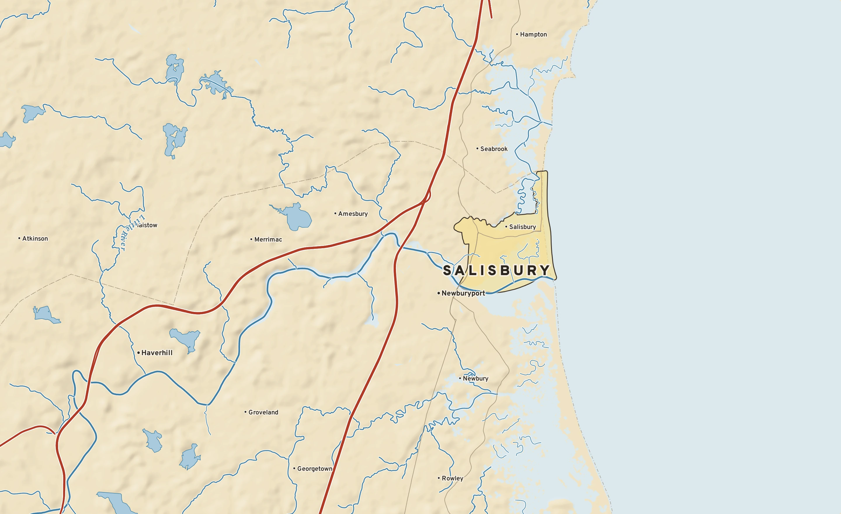 Shaded-relief atlas plate of Salisbury, Massachusetts: rivers, roads, the city limits and where the water drains.