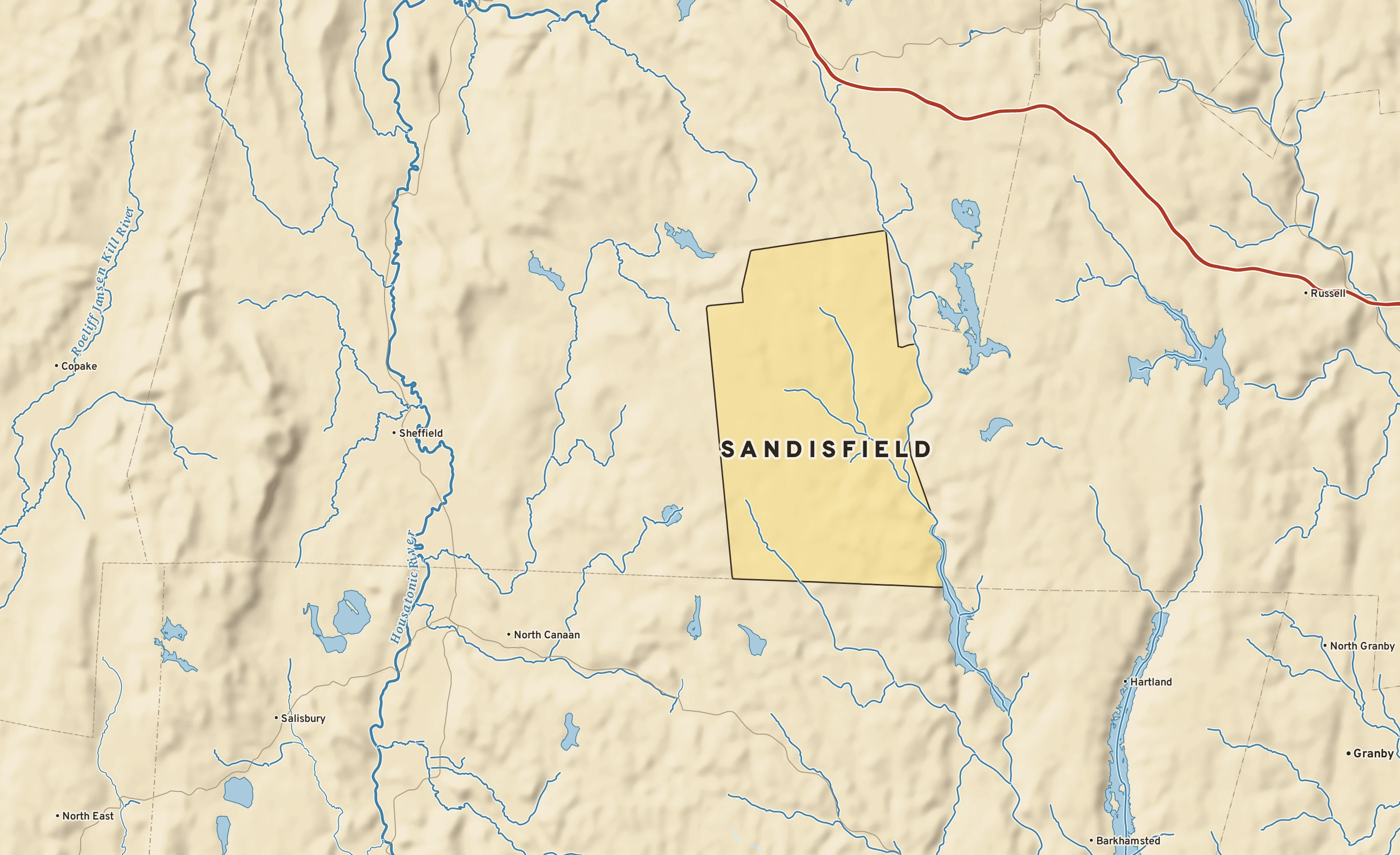Shaded-relief atlas plate of Sandisfield, Massachusetts: rivers, roads, the city limits and where the water drains.