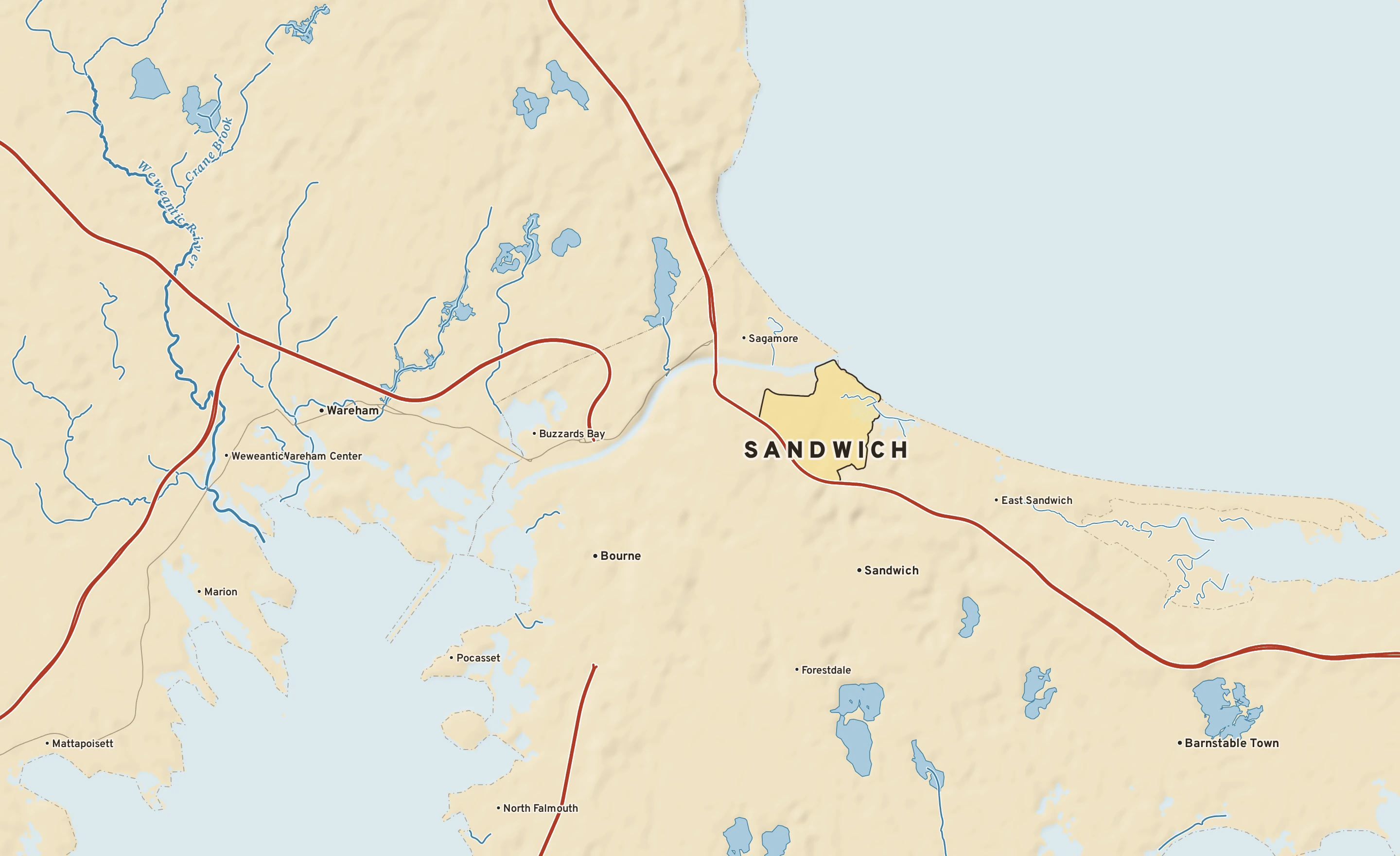 Shaded-relief atlas plate of Sandwich, Massachusetts: rivers, roads, the city limits and where the water drains.