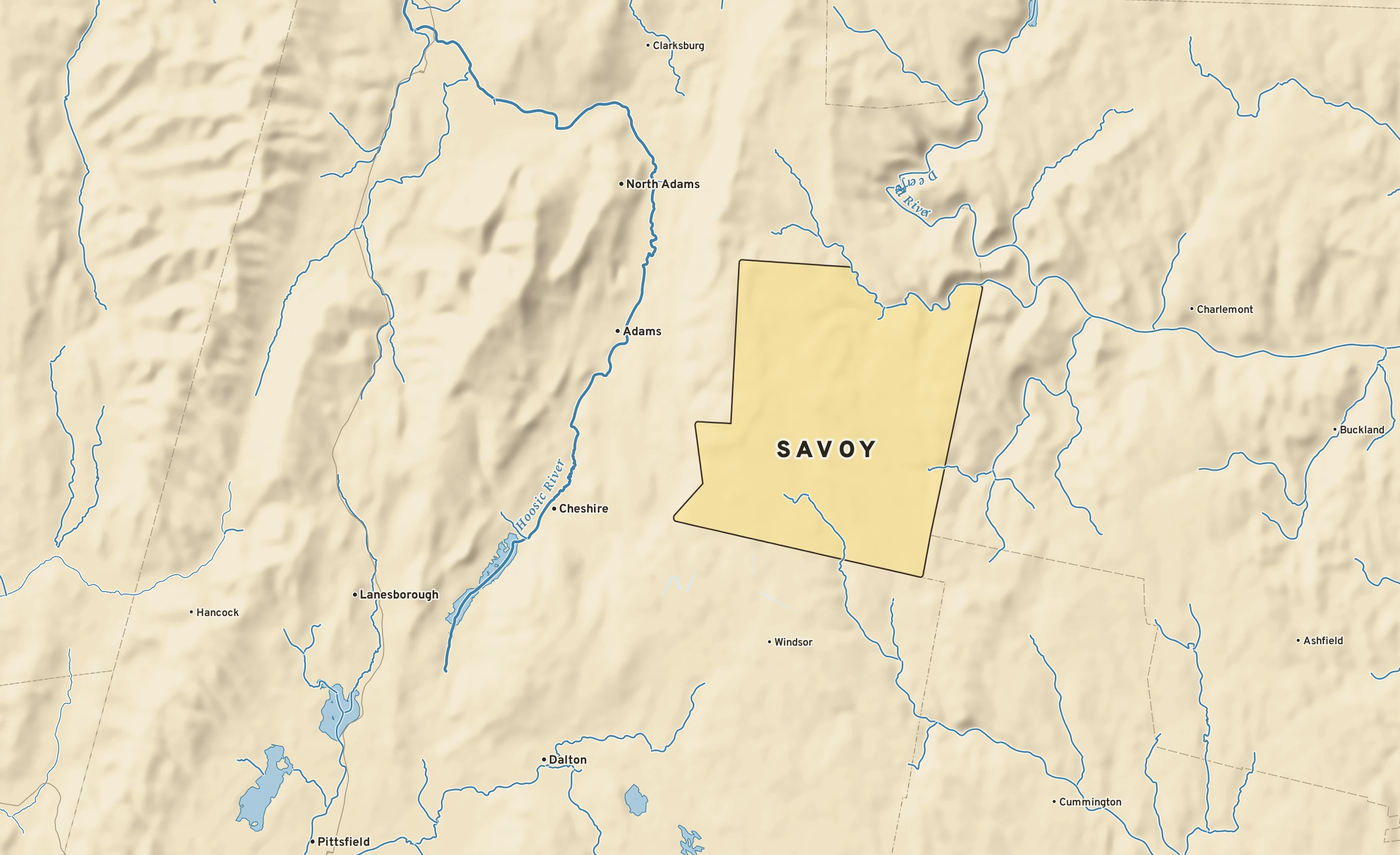 Shaded-relief atlas plate of Savoy, Massachusetts: rivers, roads, the city limits and where the water drains.