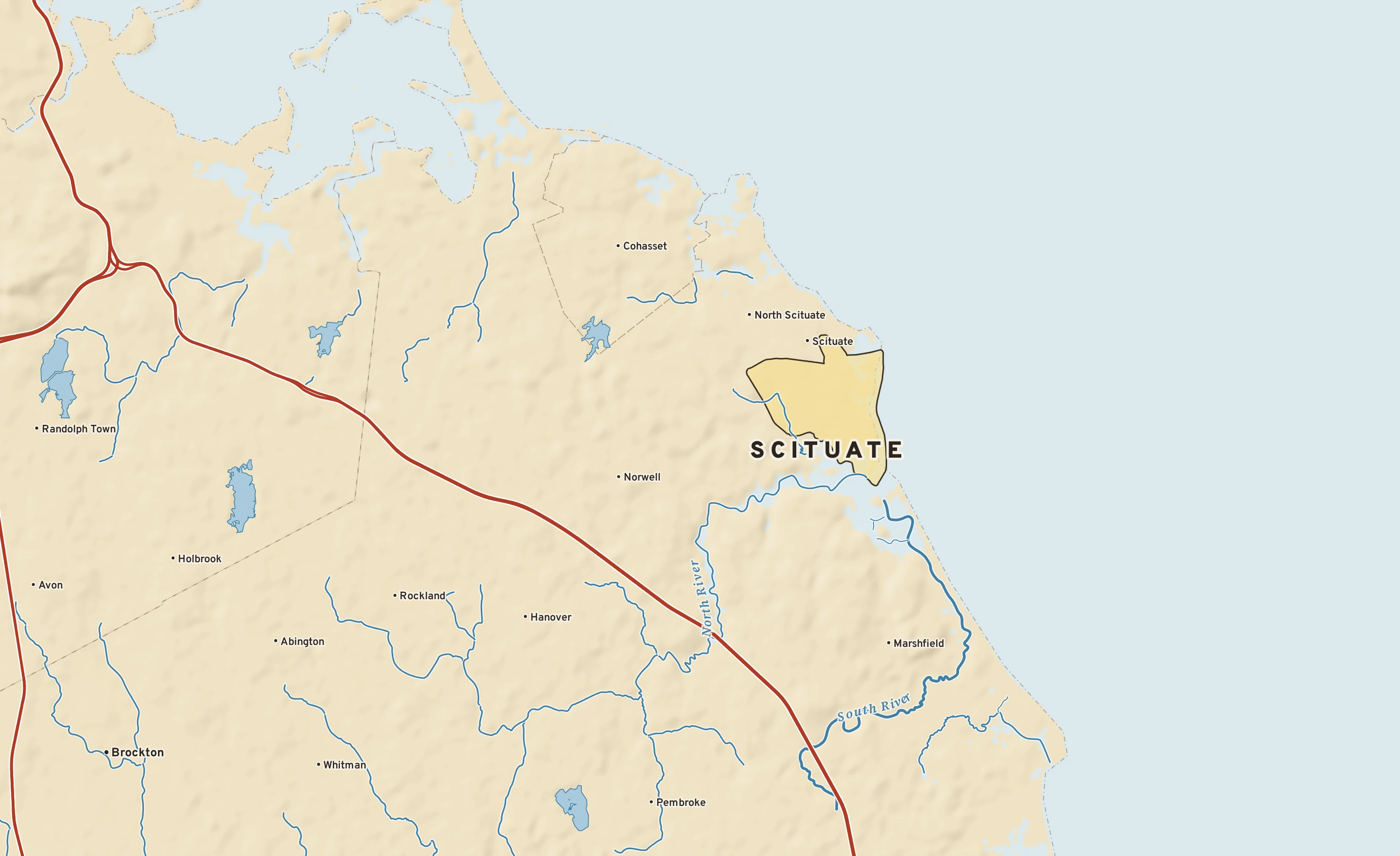 Shaded-relief atlas plate of Scituate, Massachusetts: rivers, roads, the city limits and where the water drains.