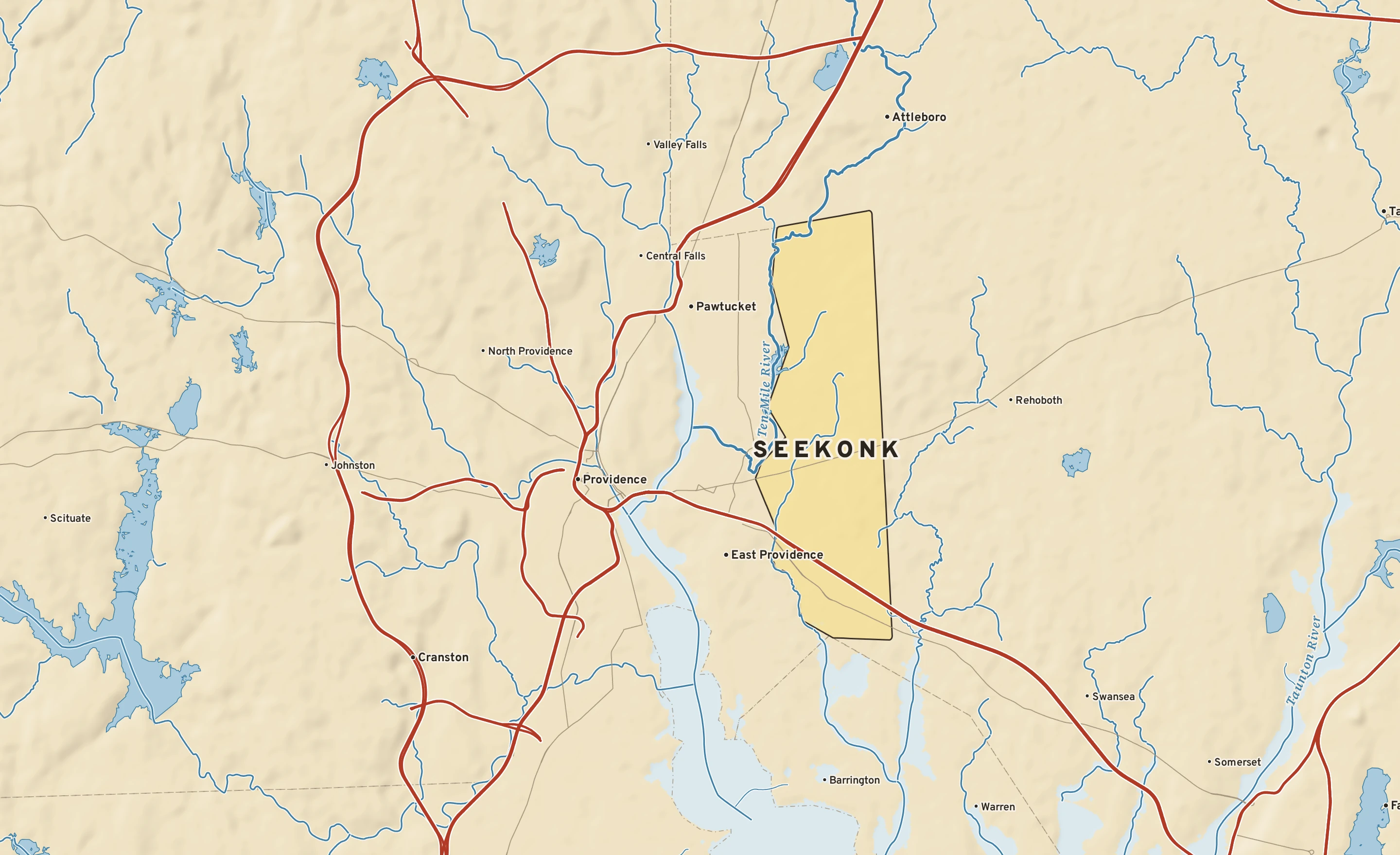 Shaded-relief atlas plate of Seekonk, Massachusetts: rivers, roads, the city limits and where the water drains.