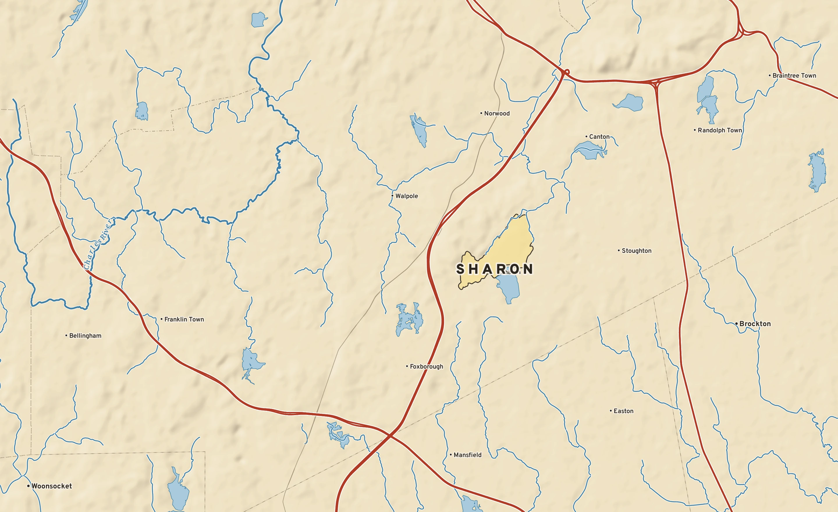 Shaded-relief atlas plate of Sharon, Massachusetts: rivers, roads, the city limits and where the water drains.