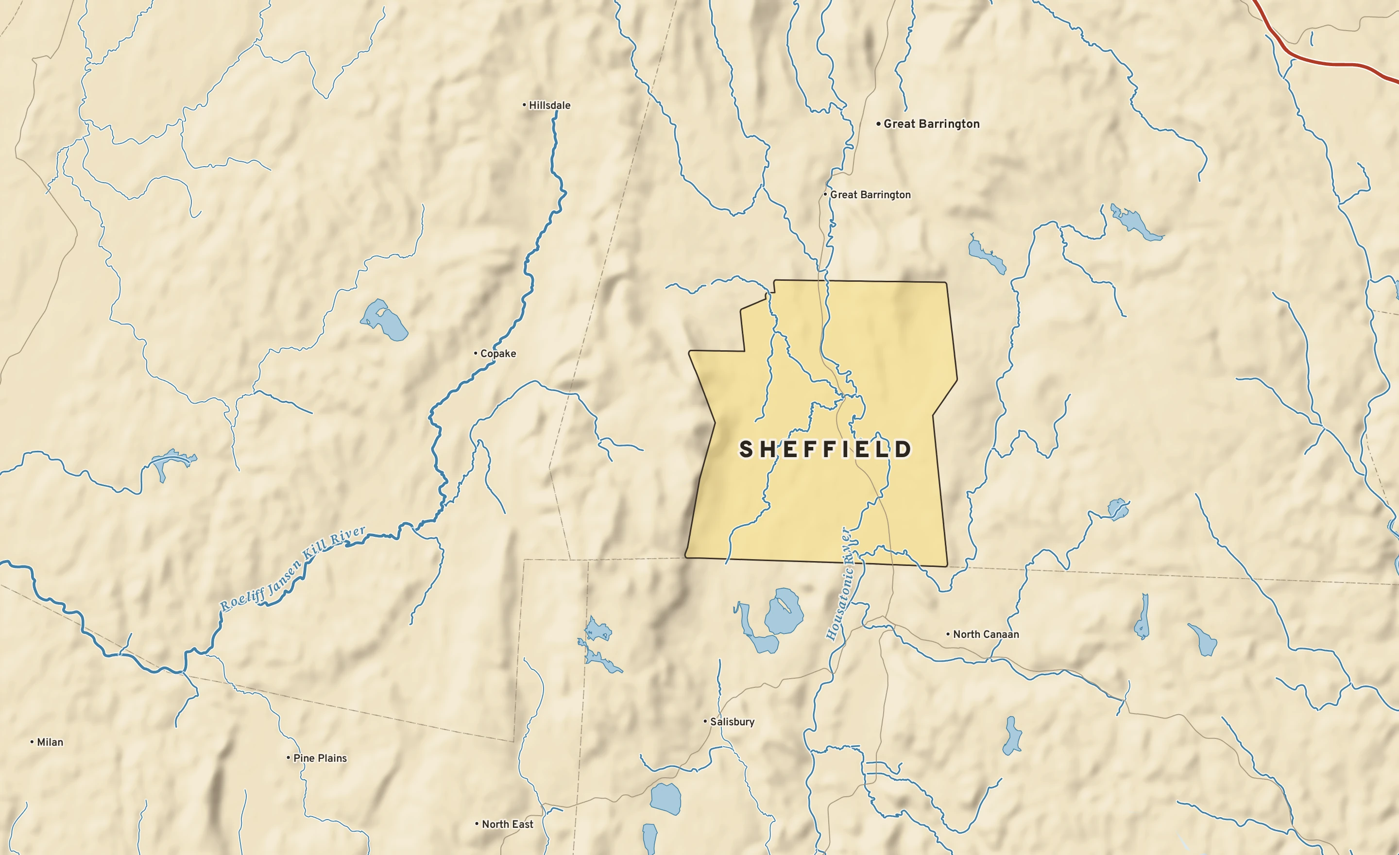 Shaded-relief atlas plate of Sheffield, Massachusetts: rivers, roads, the city limits and where the water drains.