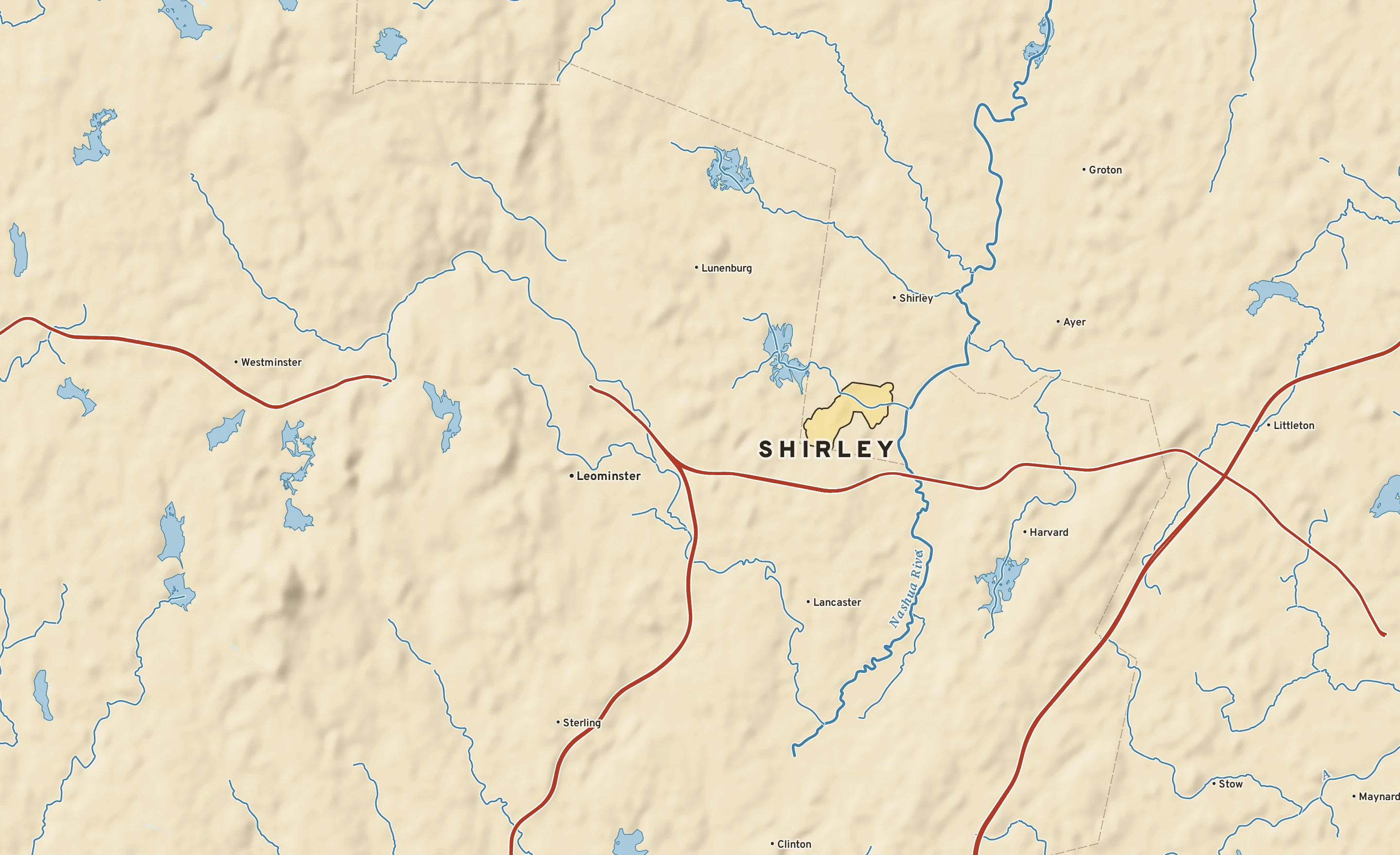 Shaded-relief atlas plate of Shirley, Massachusetts: rivers, roads, the city limits and where the water drains.