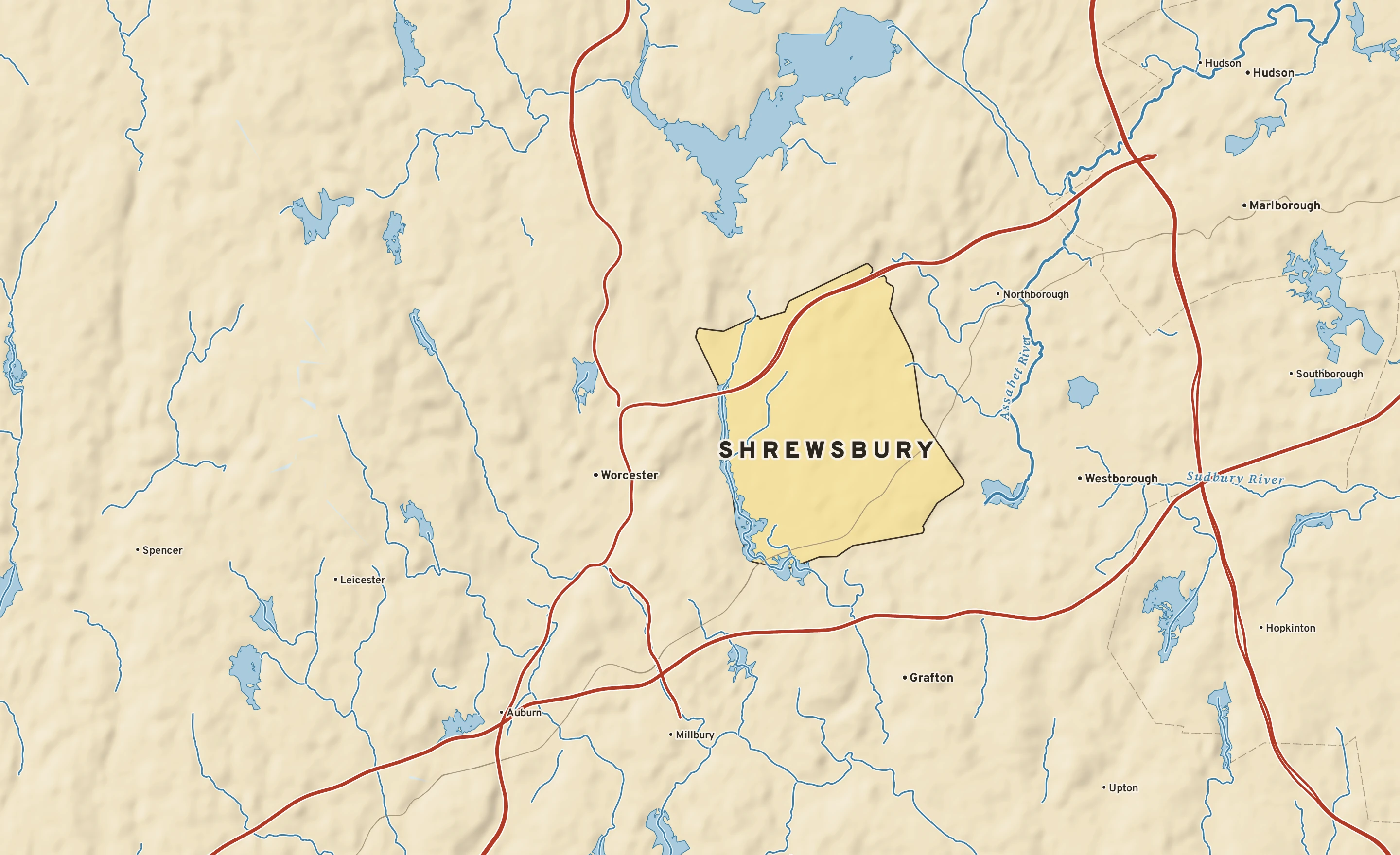 Shaded-relief atlas plate of Shrewsbury, Massachusetts: rivers, roads, the city limits and where the water drains.