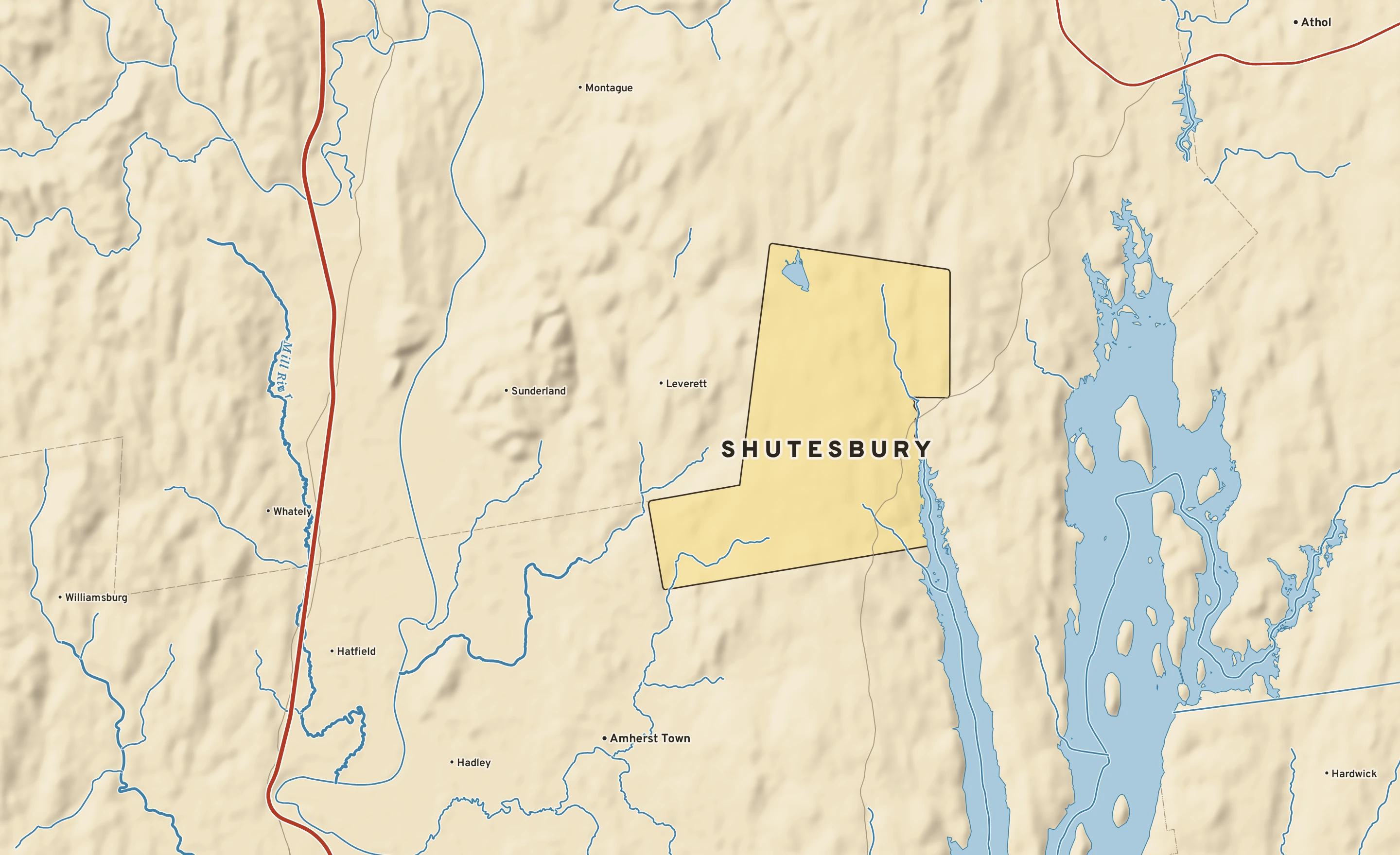 Shaded-relief atlas plate of Shutesbury, Massachusetts: rivers, roads, the city limits and where the water drains.