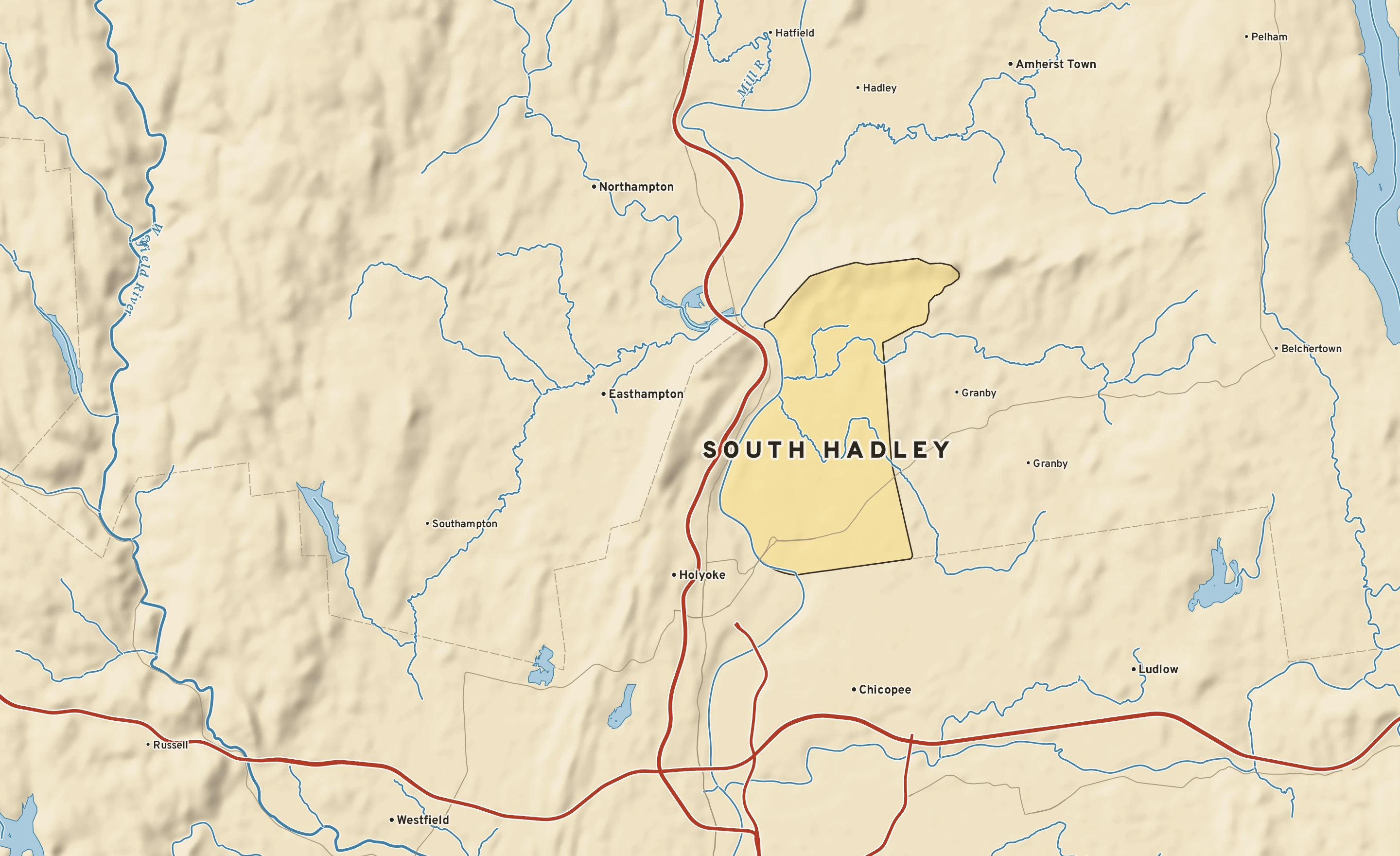 Shaded-relief atlas plate of South Hadley, Massachusetts: rivers, roads, the city limits and where the water drains.