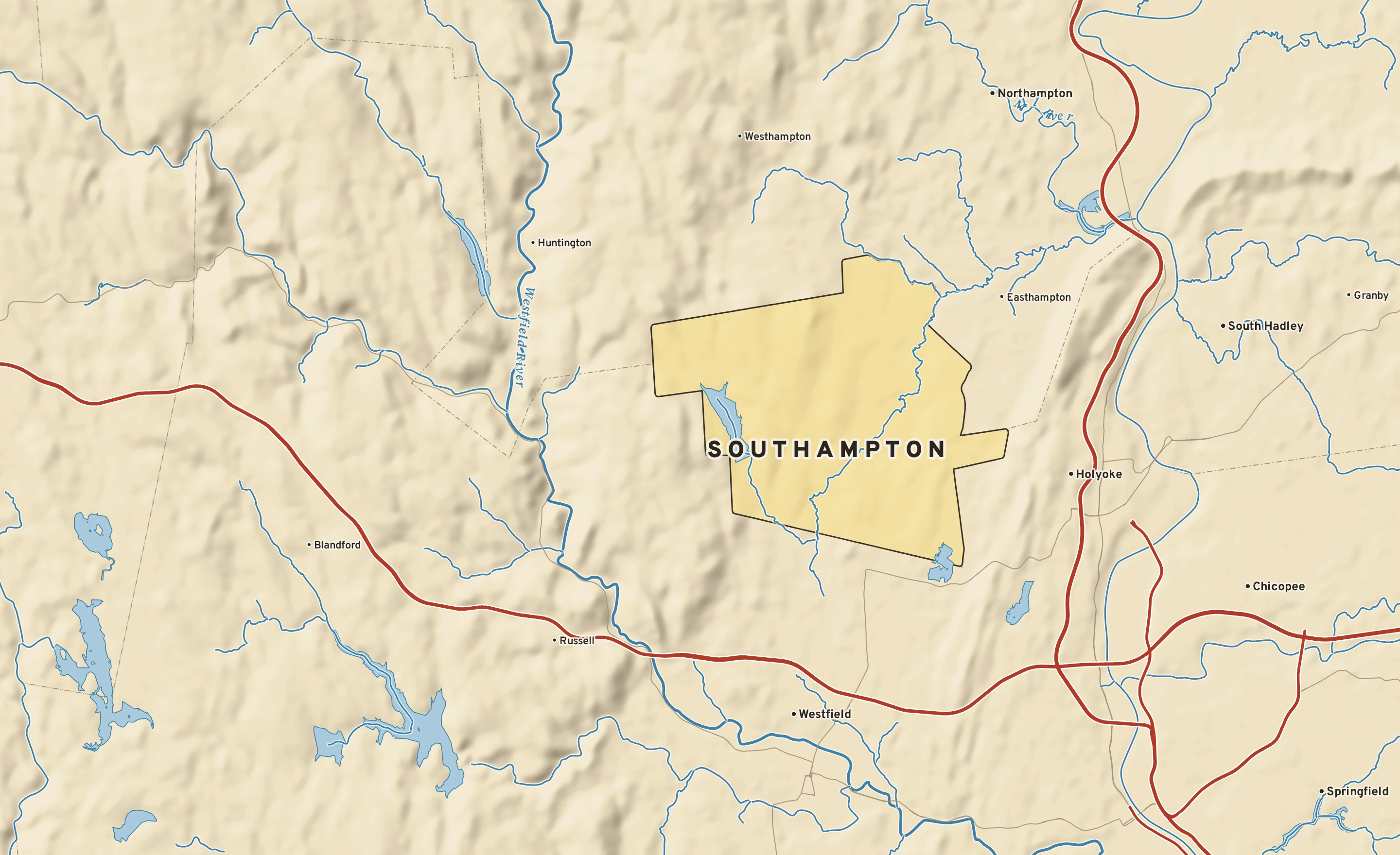 Shaded-relief atlas plate of Southampton, Massachusetts: rivers, roads, the city limits and where the water drains.