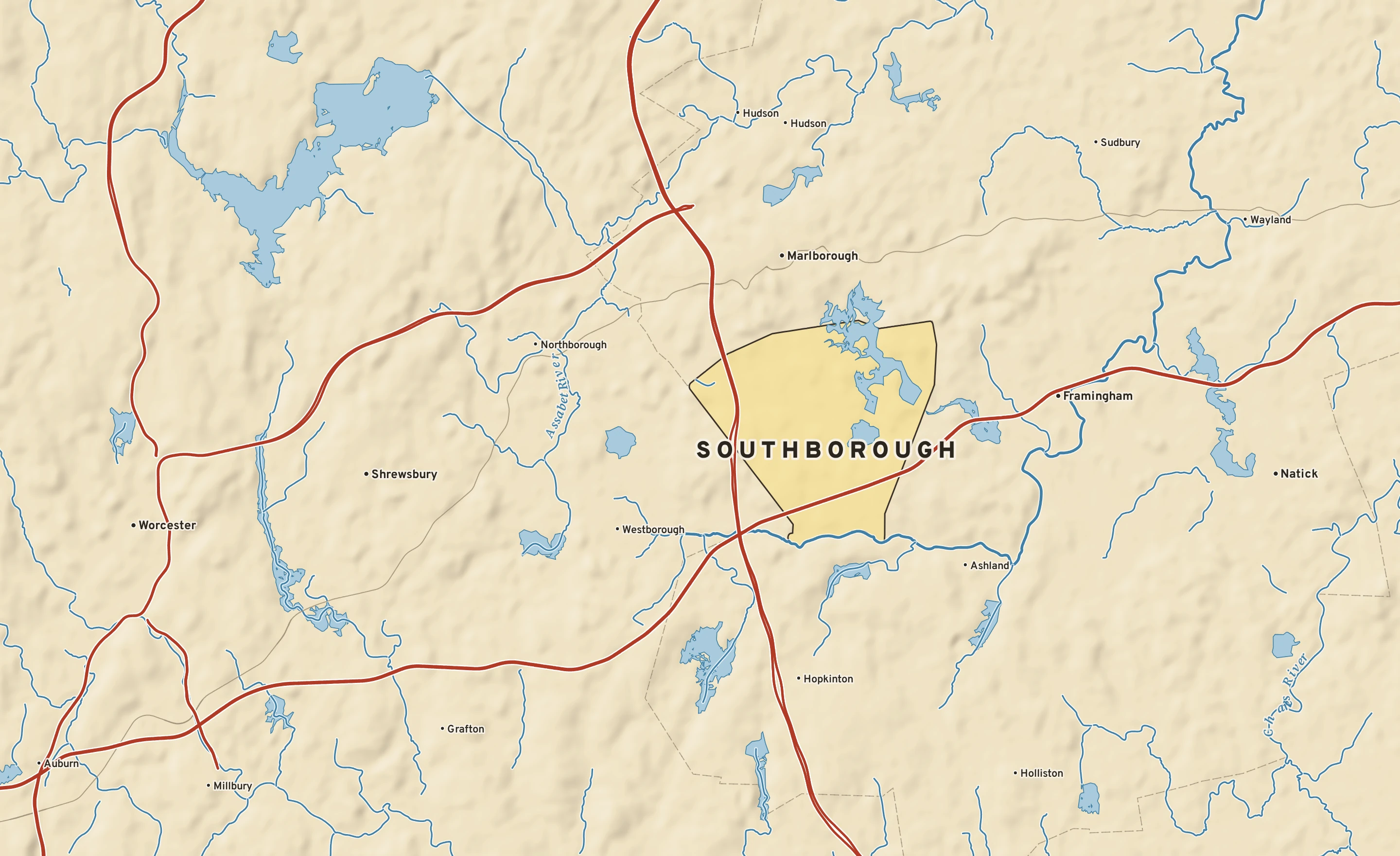 Shaded-relief atlas plate of Southborough, Massachusetts: rivers, roads, the city limits and where the water drains.