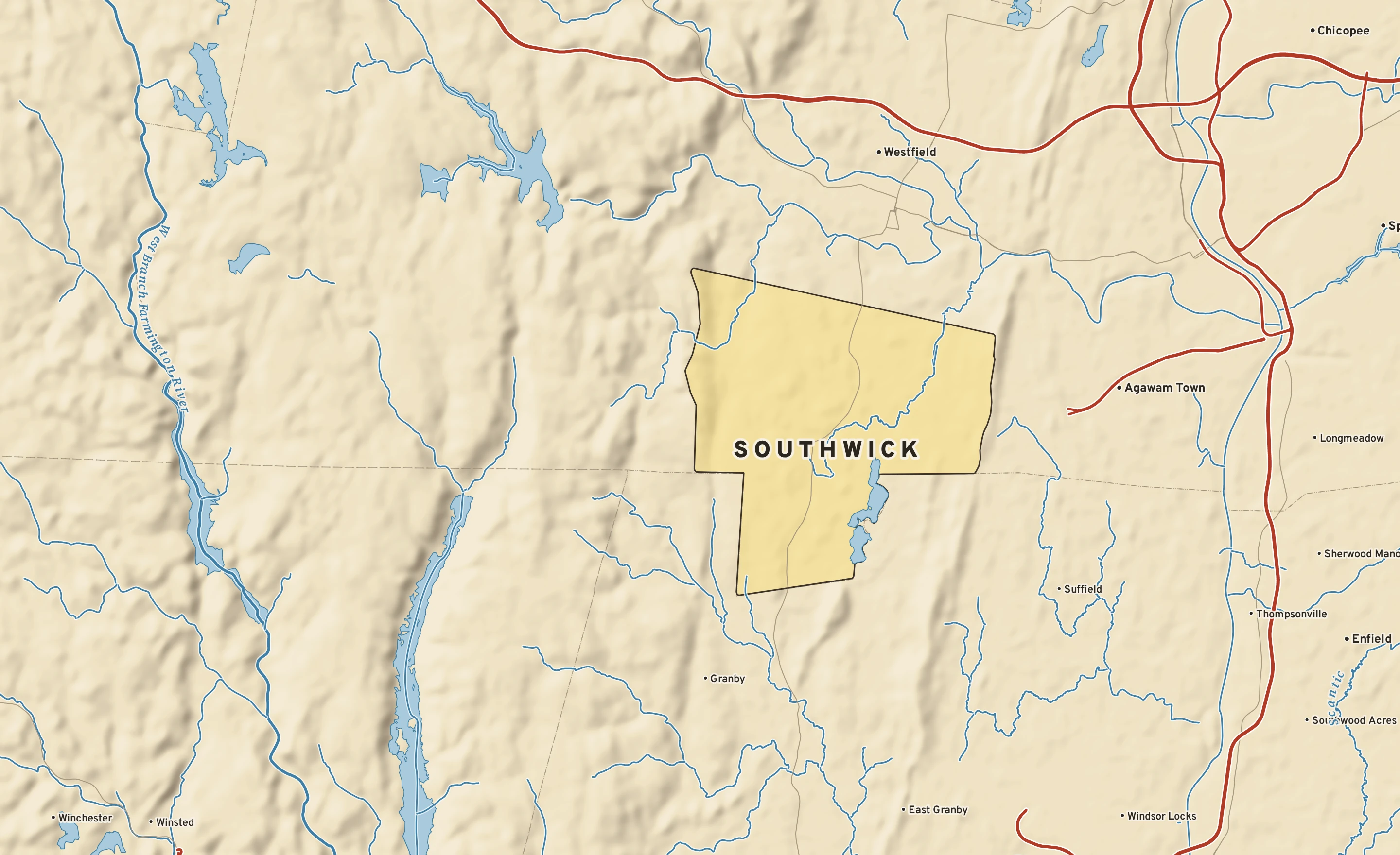 Shaded-relief atlas plate of Southwick, Massachusetts: rivers, roads, the city limits and where the water drains.