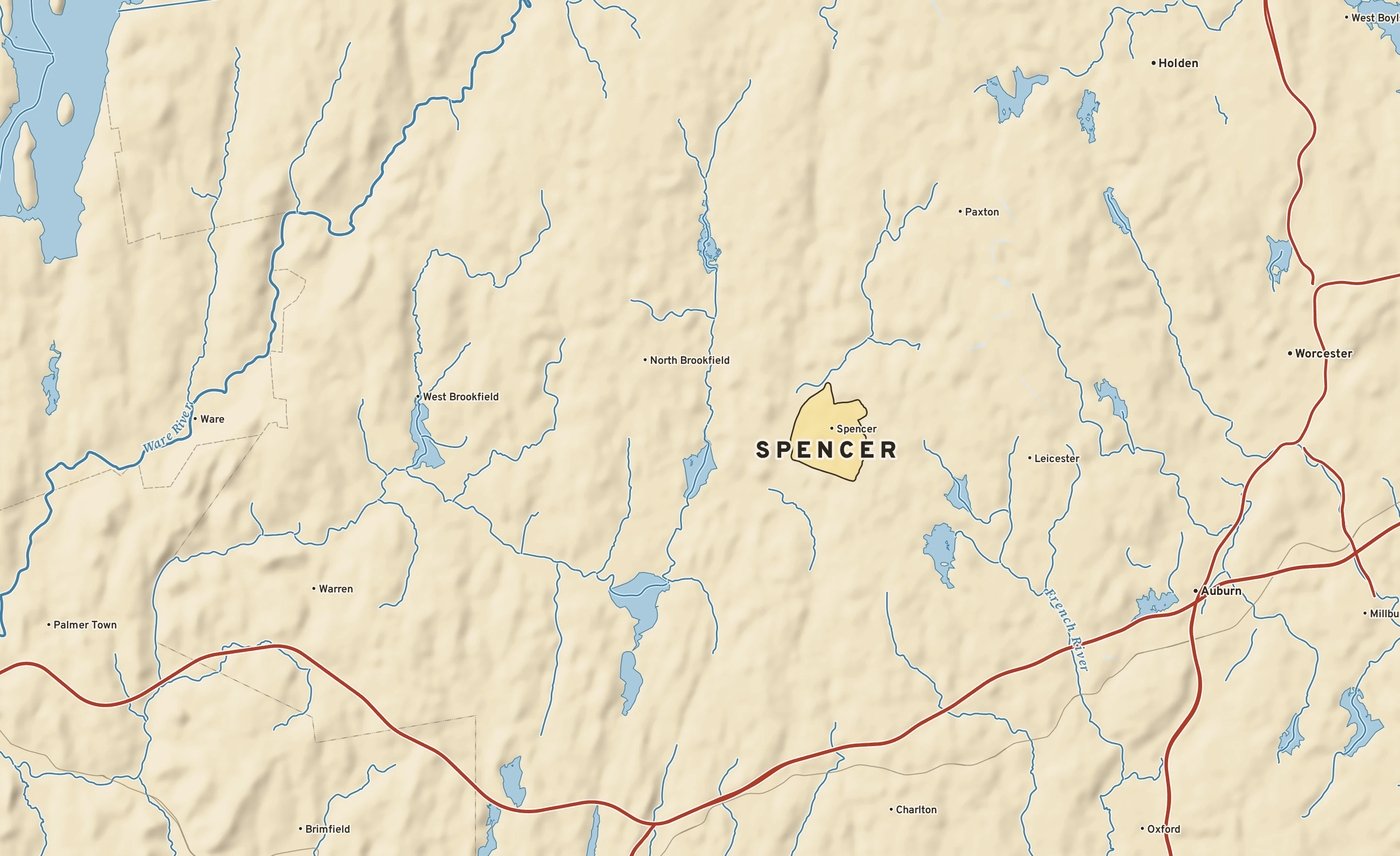 Shaded-relief atlas plate of Spencer, Massachusetts: rivers, roads, the city limits and where the water drains.