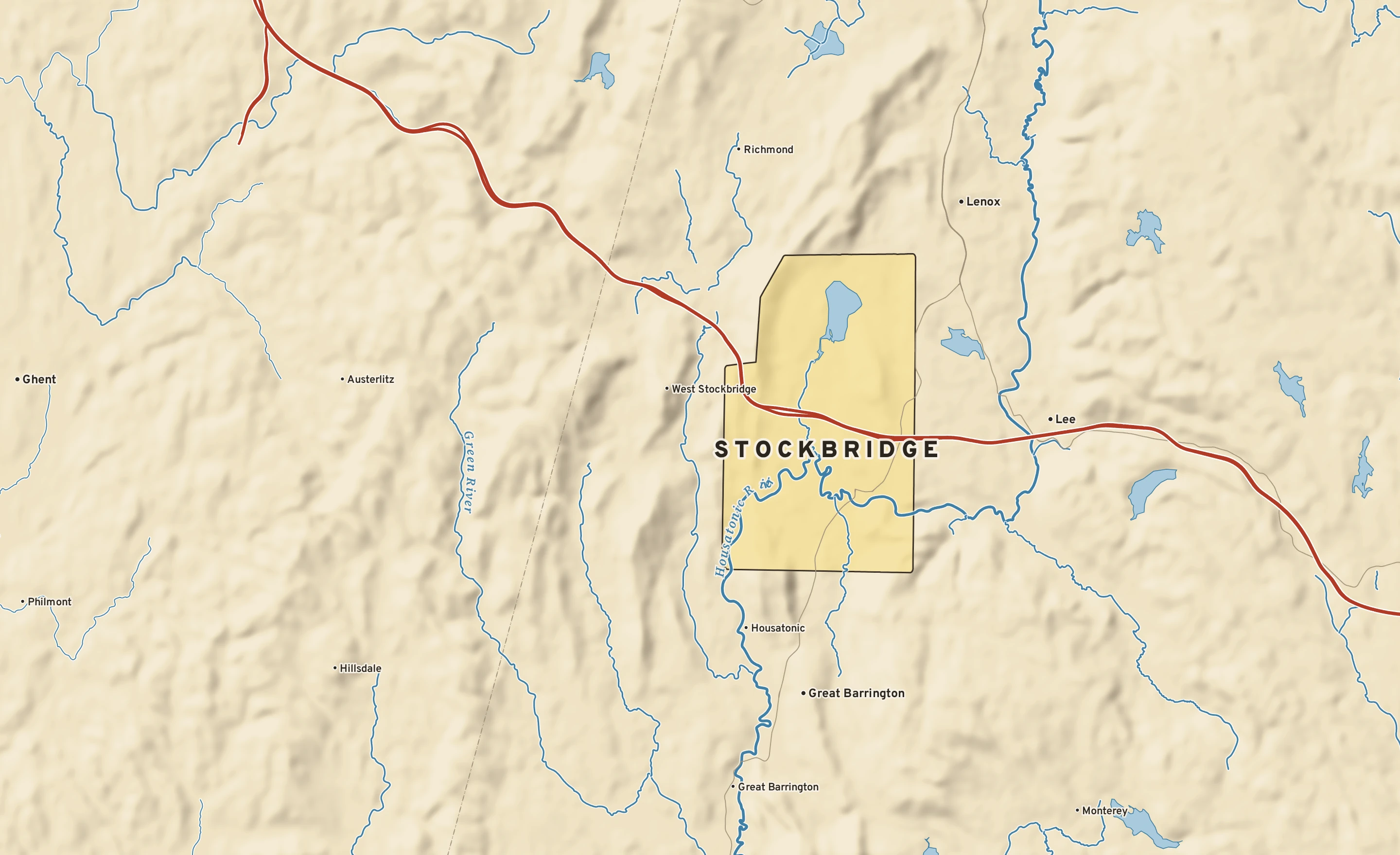 Shaded-relief atlas plate of Stockbridge, Massachusetts: rivers, roads, the city limits and where the water drains.