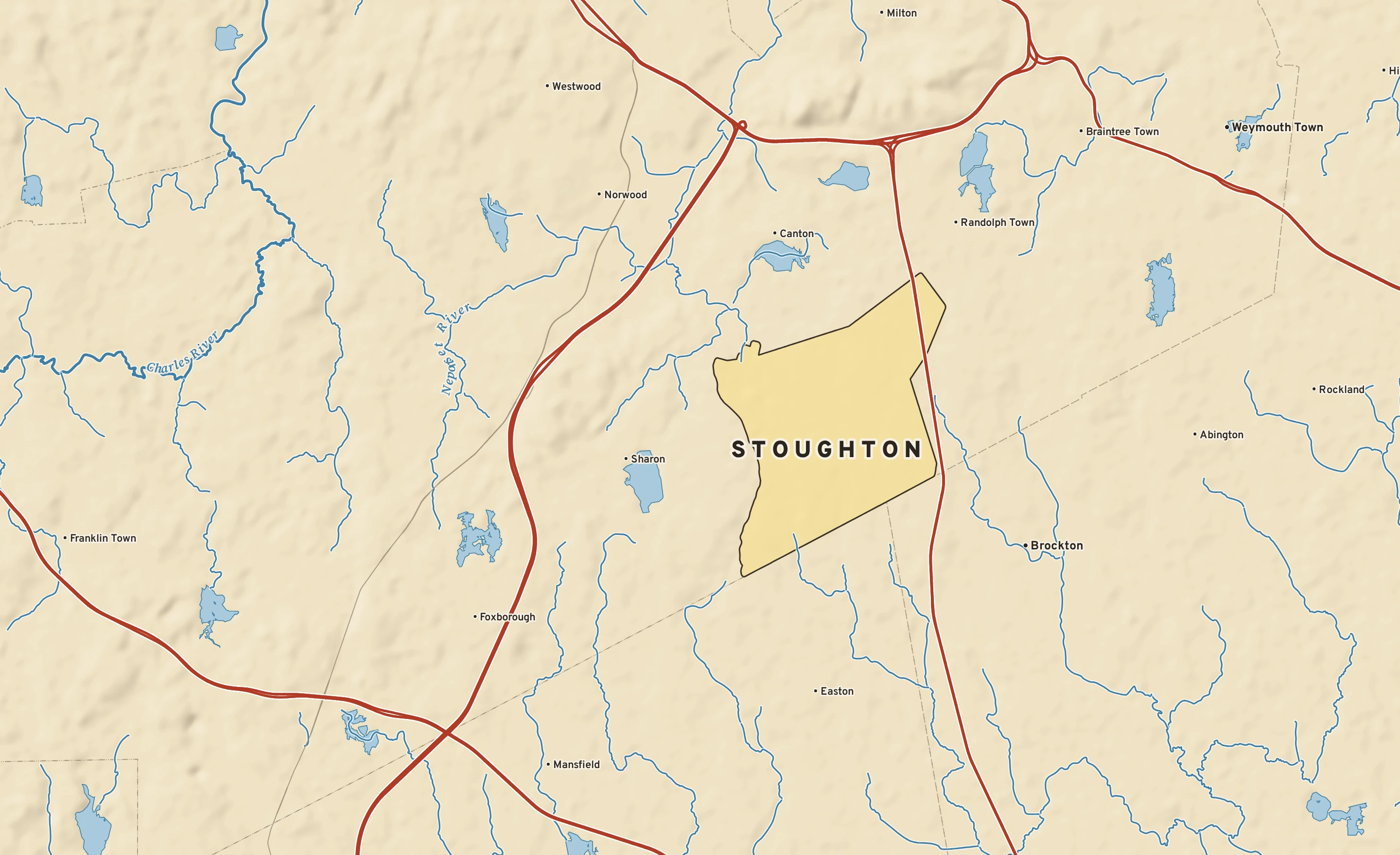 Shaded-relief atlas plate of Stoughton, Massachusetts: rivers, roads, the city limits and where the water drains.