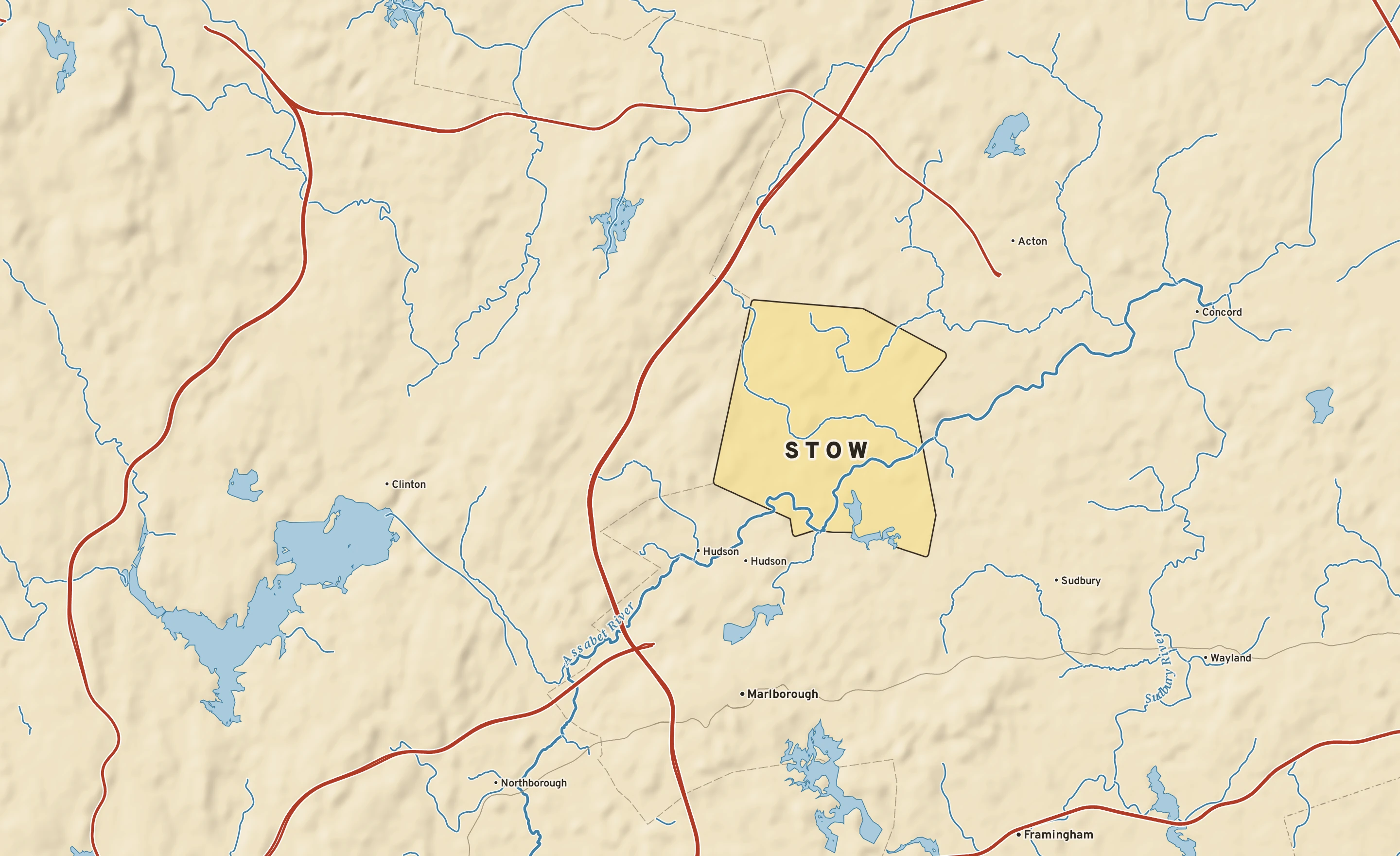 Shaded-relief atlas plate of Stow, Massachusetts: rivers, roads, the city limits and where the water drains.