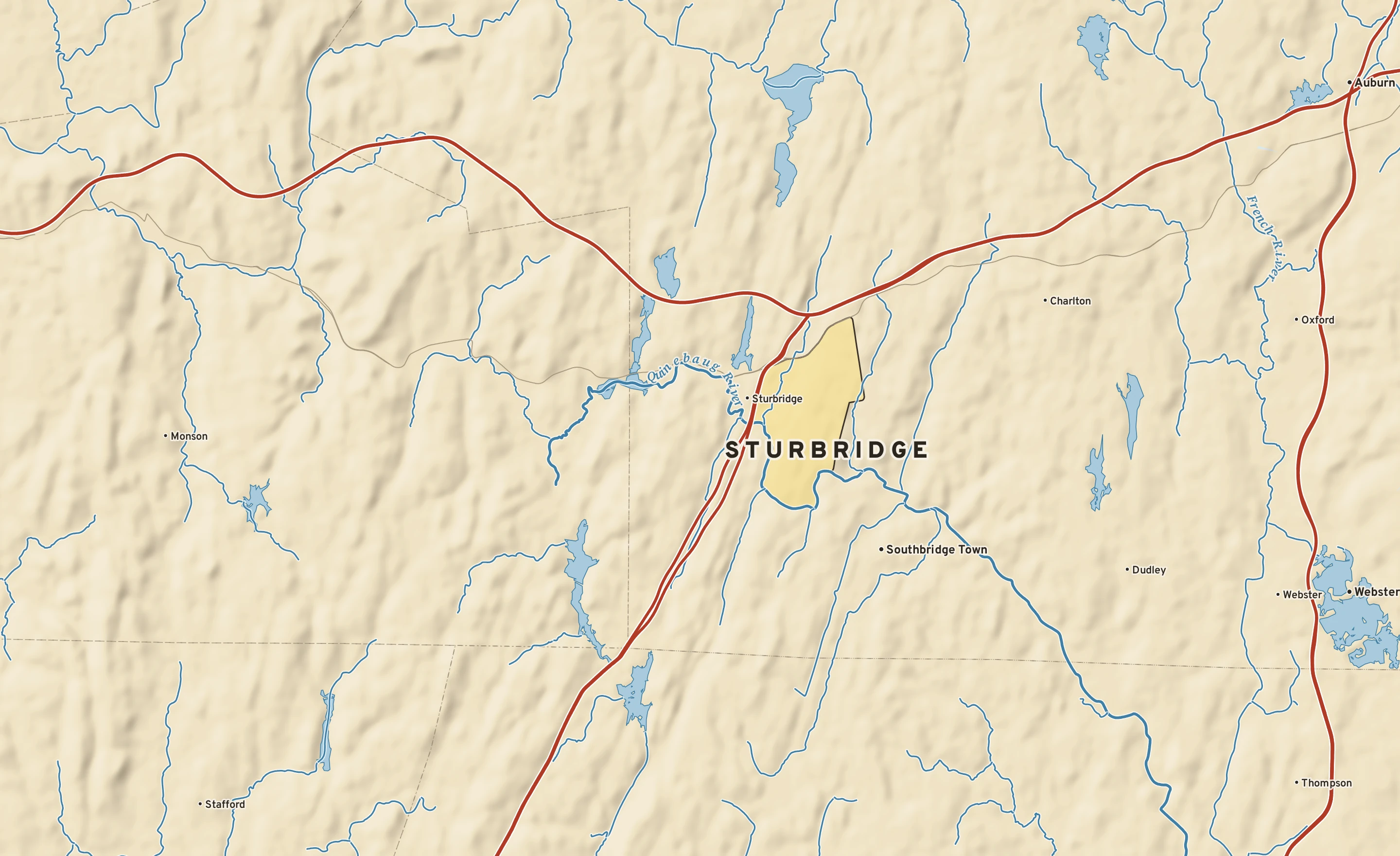 Shaded-relief atlas plate of Sturbridge, Massachusetts: rivers, roads, the city limits and where the water drains.