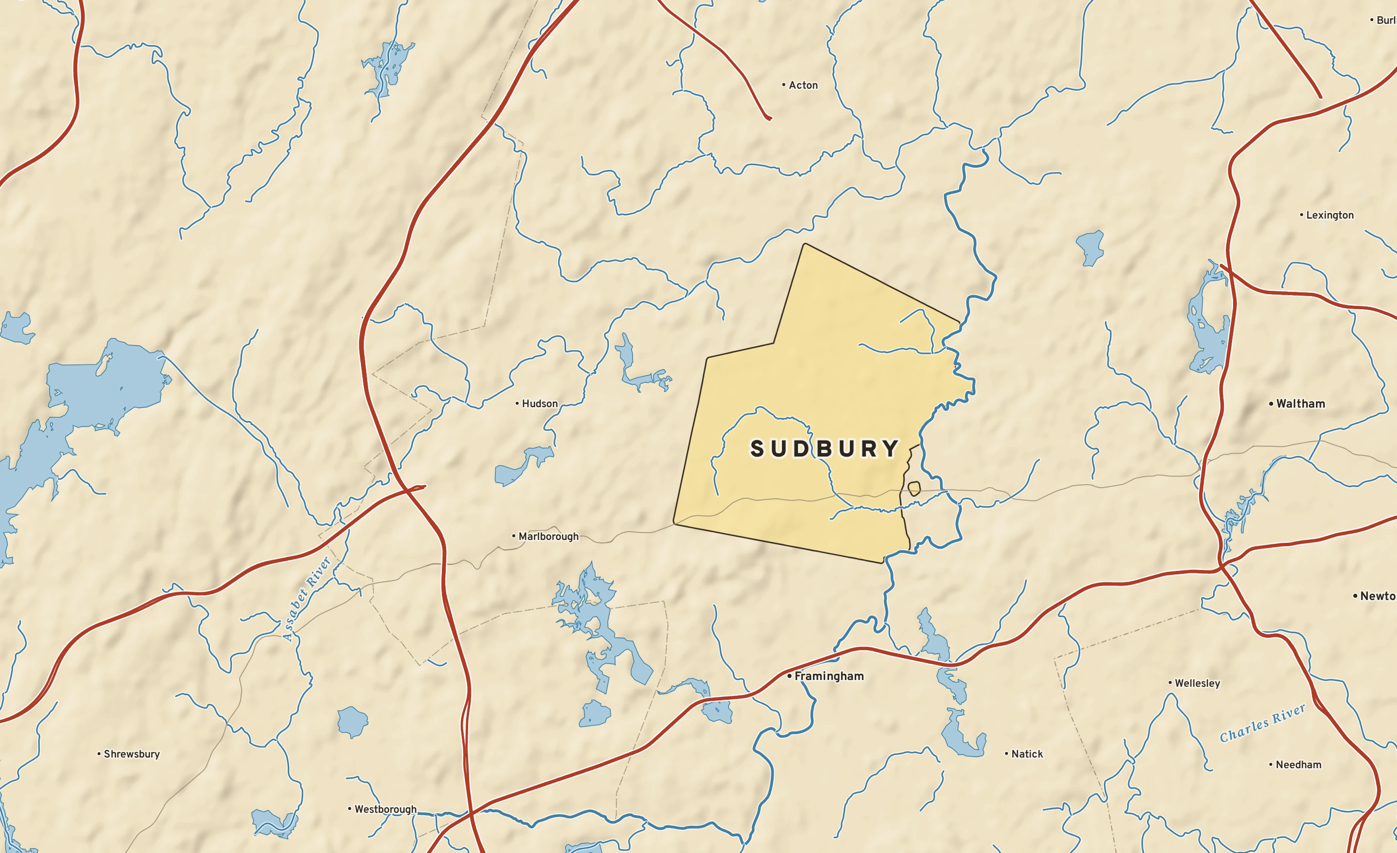 Shaded-relief atlas plate of Sudbury, Massachusetts: rivers, roads, the city limits and where the water drains.