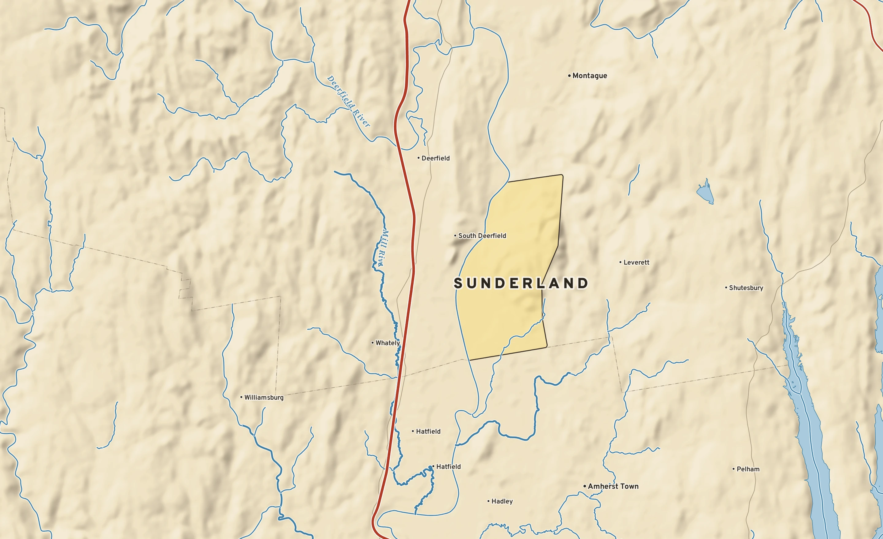 Shaded-relief atlas plate of Sunderland, Massachusetts: rivers, roads, the city limits and where the water drains.