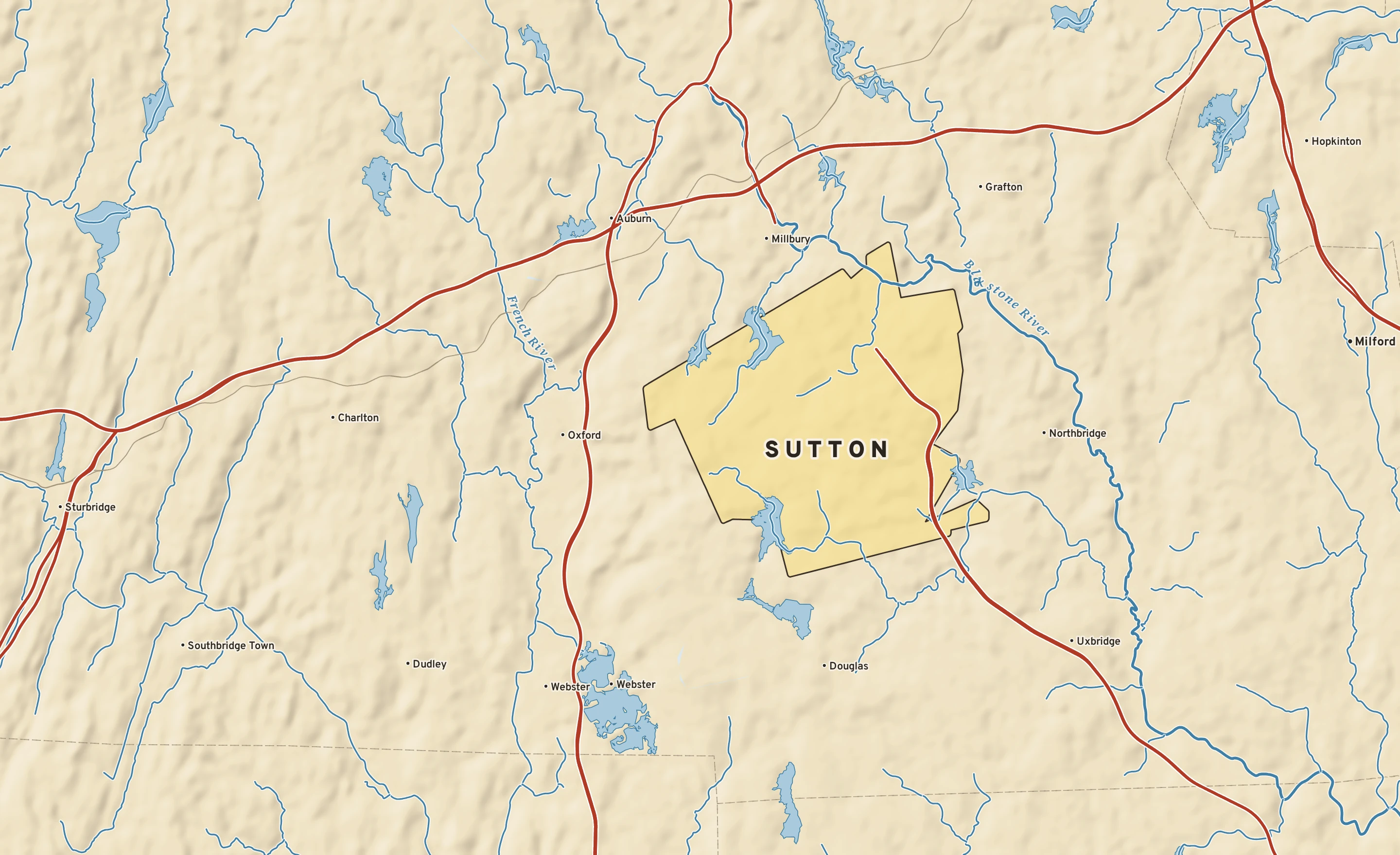 Shaded-relief atlas plate of Sutton, Massachusetts: rivers, roads, the city limits and where the water drains.
