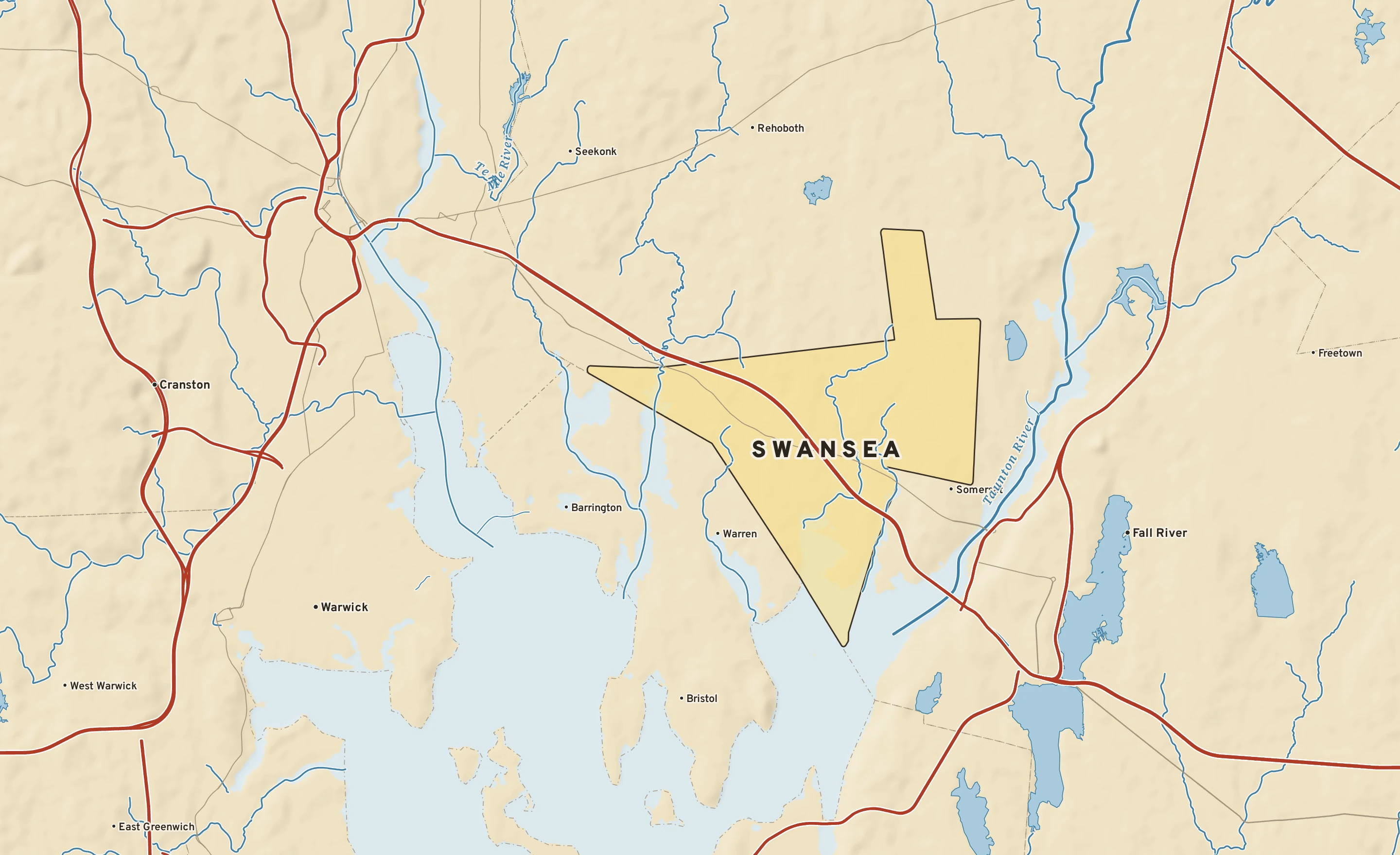 Shaded-relief atlas plate of Swansea, Massachusetts: rivers, roads, the city limits and where the water drains.