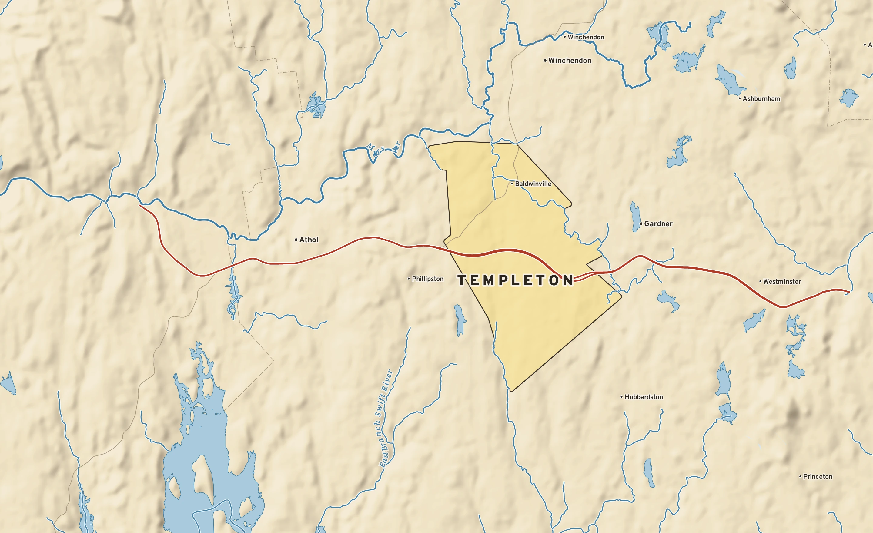 Shaded-relief atlas plate of Templeton, Massachusetts: rivers, roads, the city limits and where the water drains.