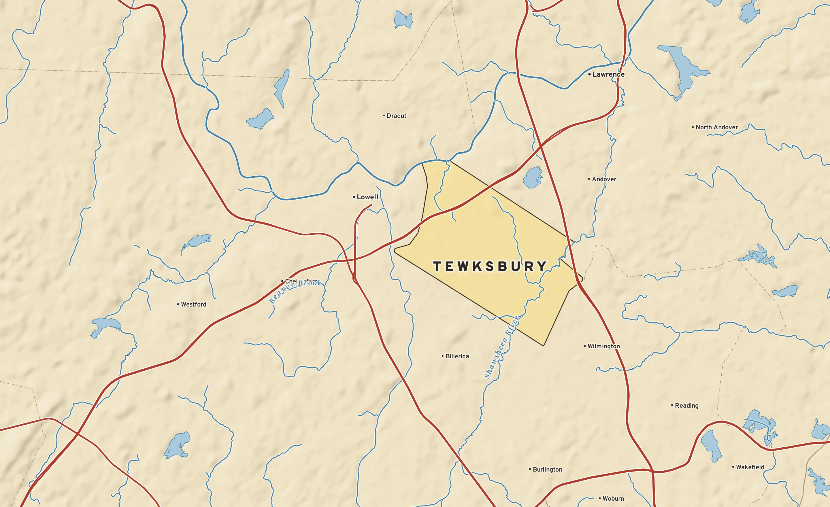 Shaded-relief atlas plate of Tewksbury, Massachusetts: rivers, roads, the city limits and where the water drains.