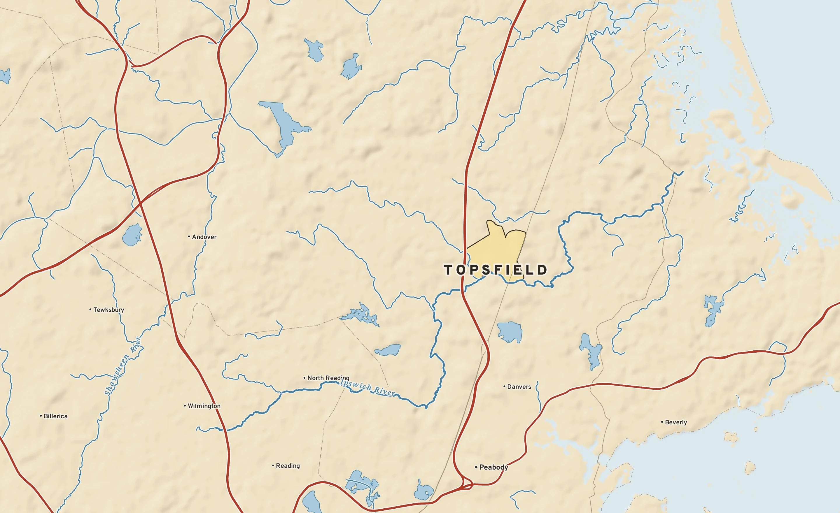 Shaded-relief atlas plate of Topsfield, Massachusetts: rivers, roads, the city limits and where the water drains.