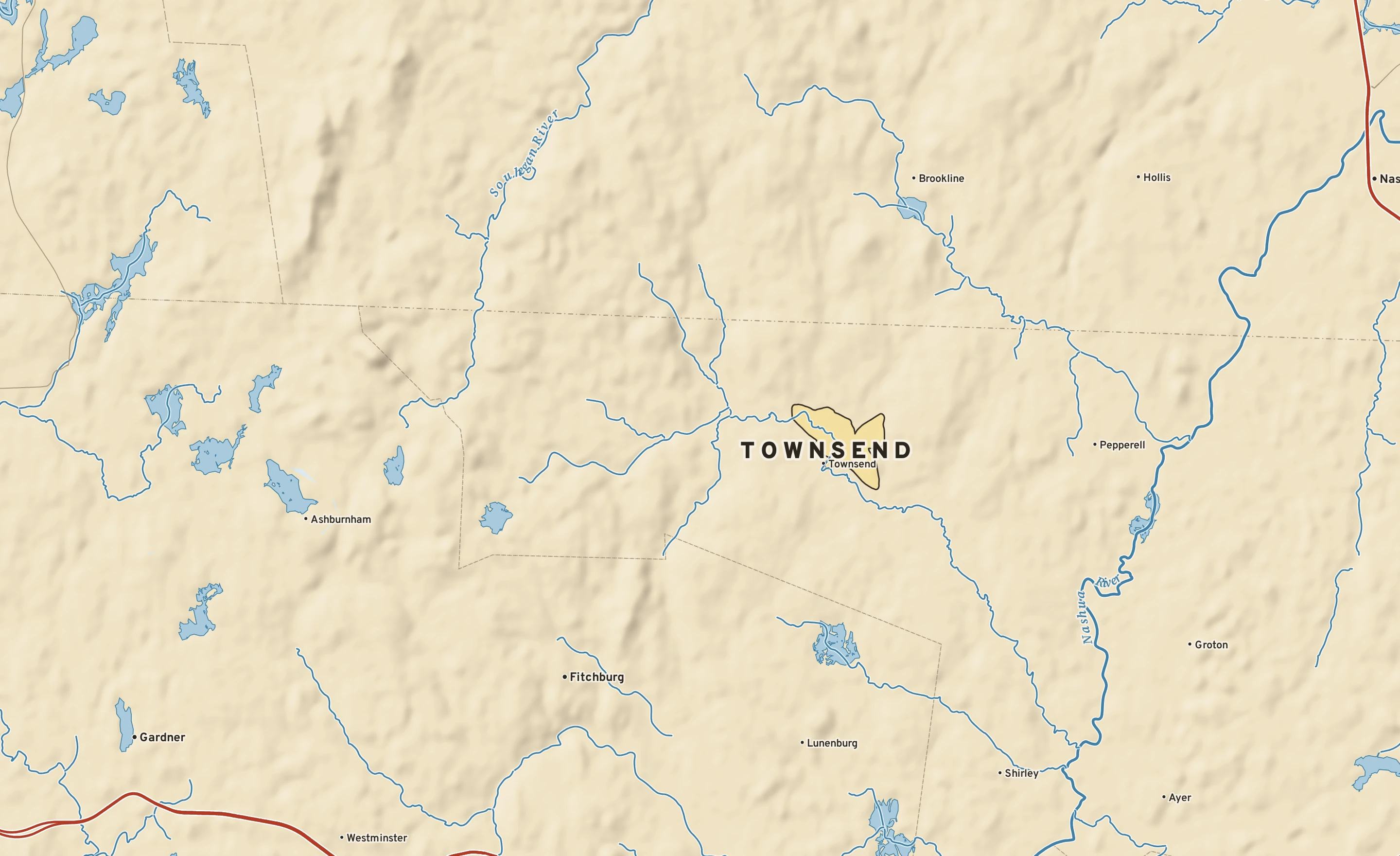 Shaded-relief atlas plate of Townsend, Massachusetts: rivers, roads, the city limits and where the water drains.